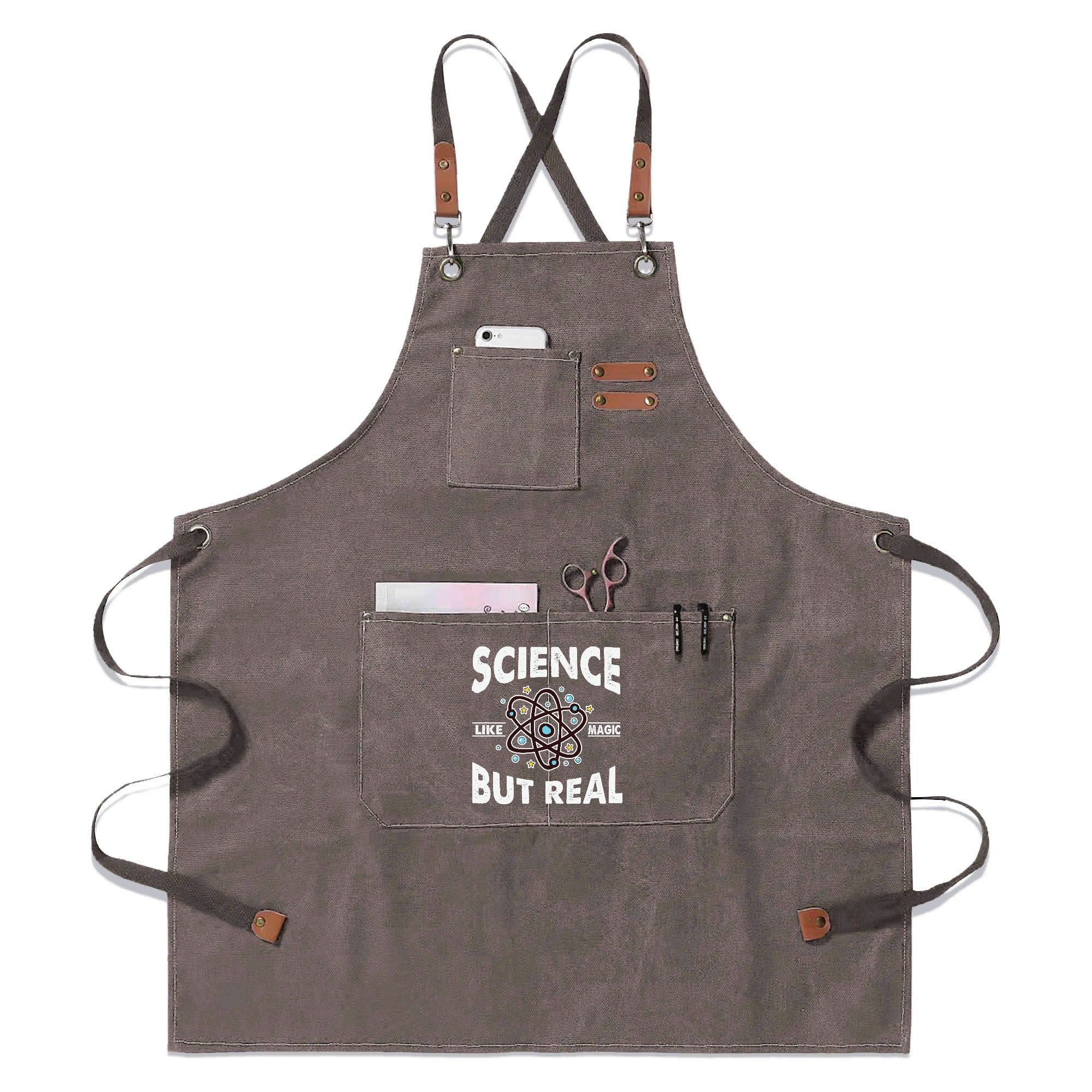 Science, Like Magic But Real - Unisex Canvas Cross Back Chef Apron with Large Pockets Gray Canvas Apron Printed Offshore Science