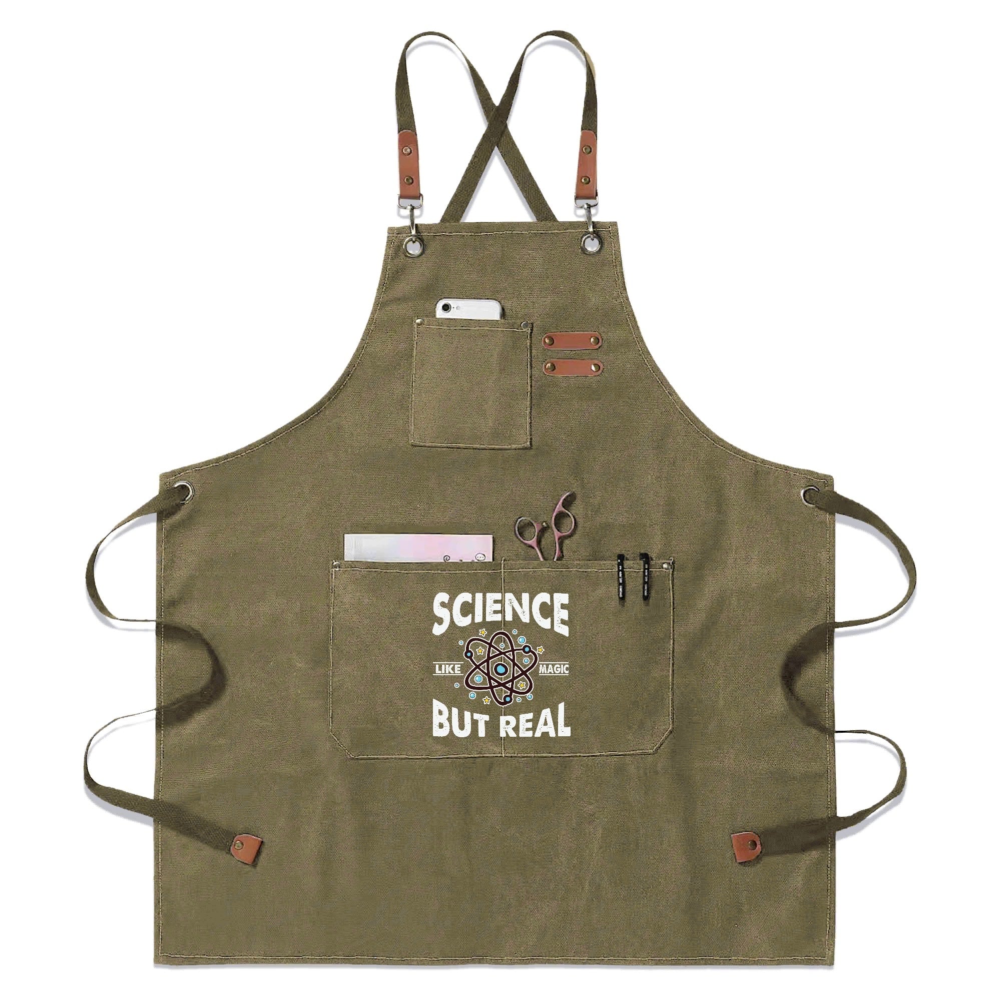 Science, Like Magic But Real - Unisex Canvas Cross Back Chef Apron with Large Pockets Olive Canvas Apron Printed Offshore Science