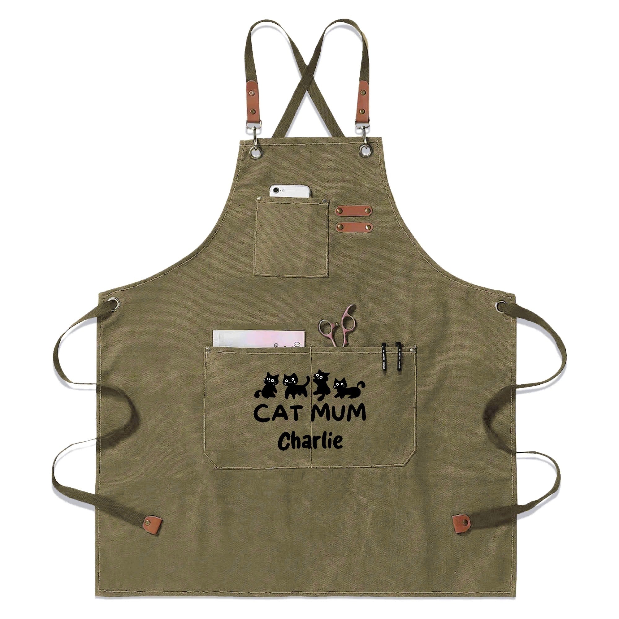 Personalised - Cat Mum - Unisex Canvas Cross Back Chef Apron with Large Pockets Olive Personalised Canvas Apron animal Mum Printed Offshore