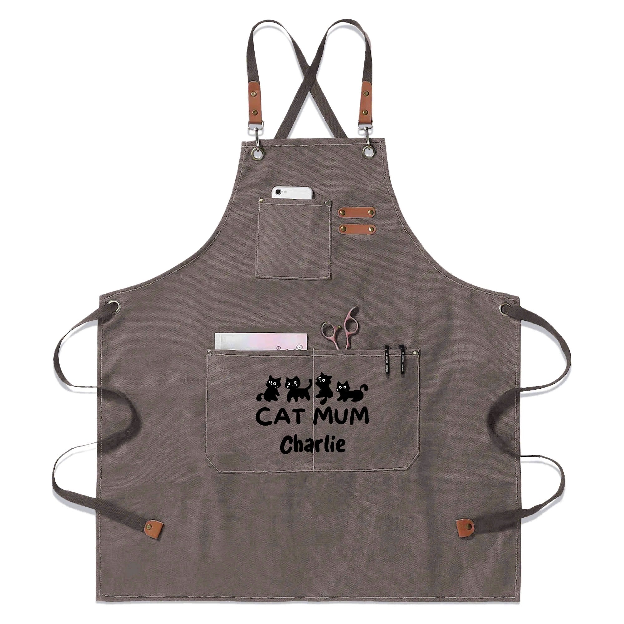Personalised - Cat Mum - Unisex Canvas Cross Back Chef Apron with Large Pockets Gray Personalised Canvas Apron animal Mum Printed Offshore