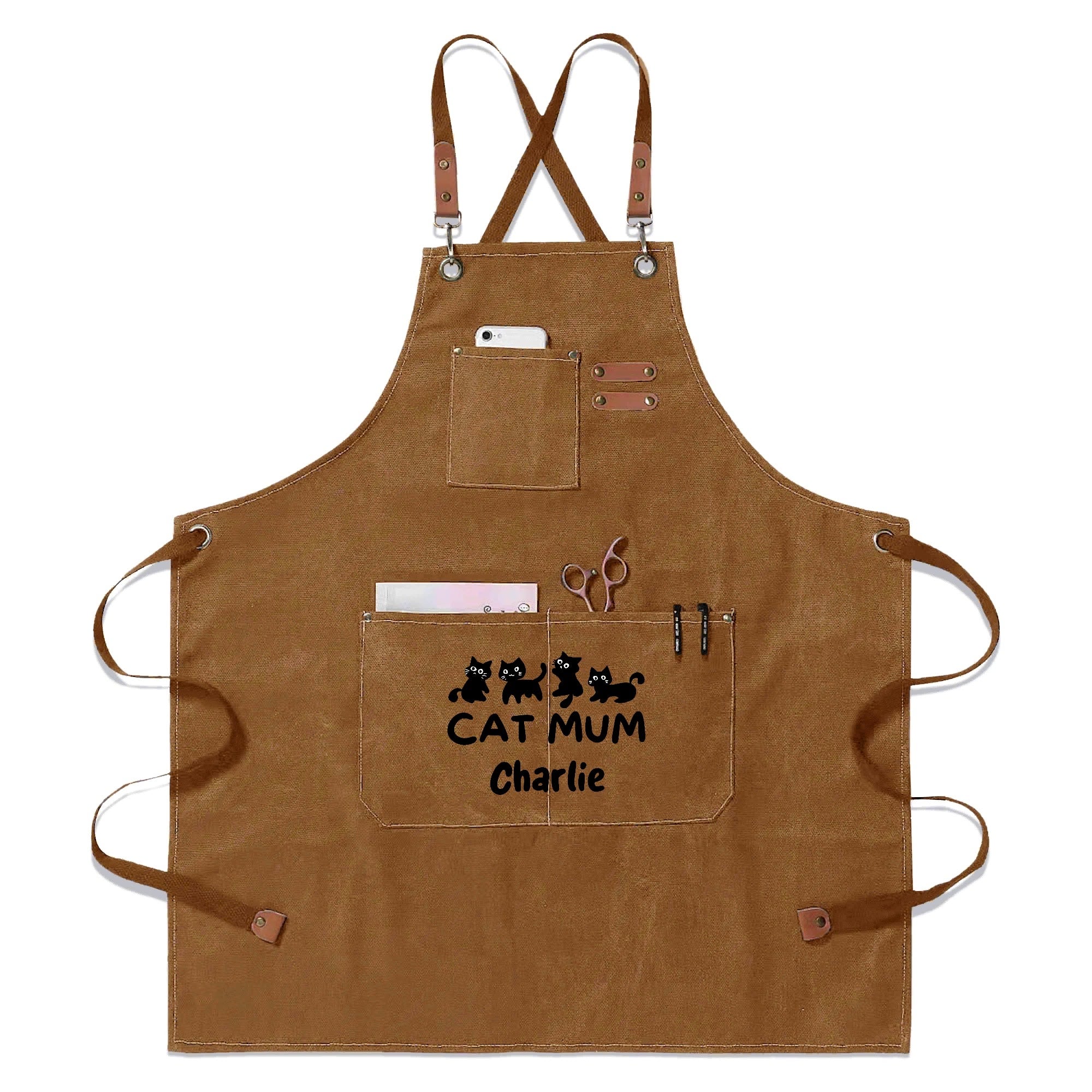 Personalised - Cat Mum - Unisex Canvas Cross Back Chef Apron with Large Pockets Khaki Personalised Canvas Apron animal Mum Printed Offshore