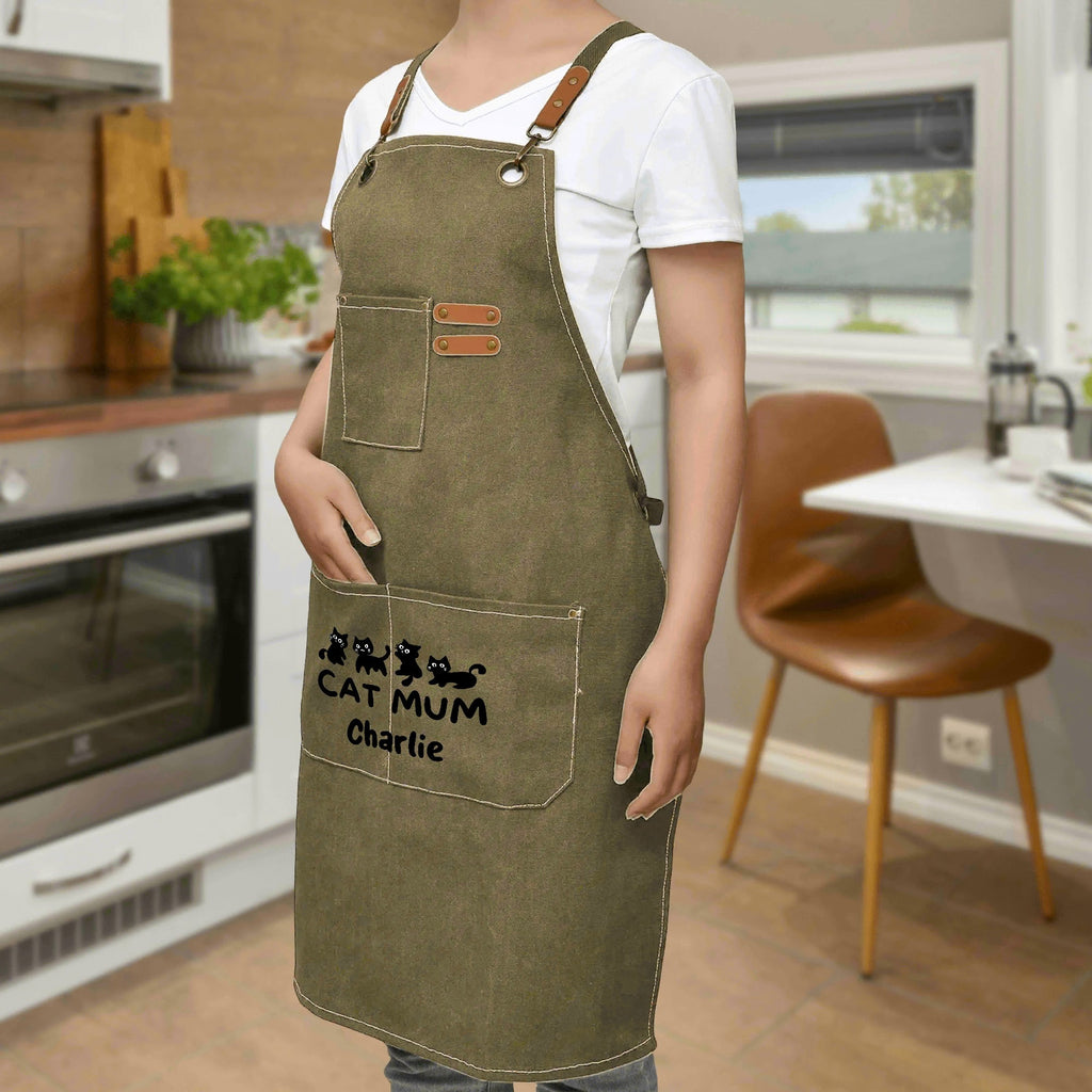 Personalised Cat Mum Unisex Canvas Cross Back Chef Apron with Large Pockets Personalised Canvas Apron animal Mum Printed Offshore