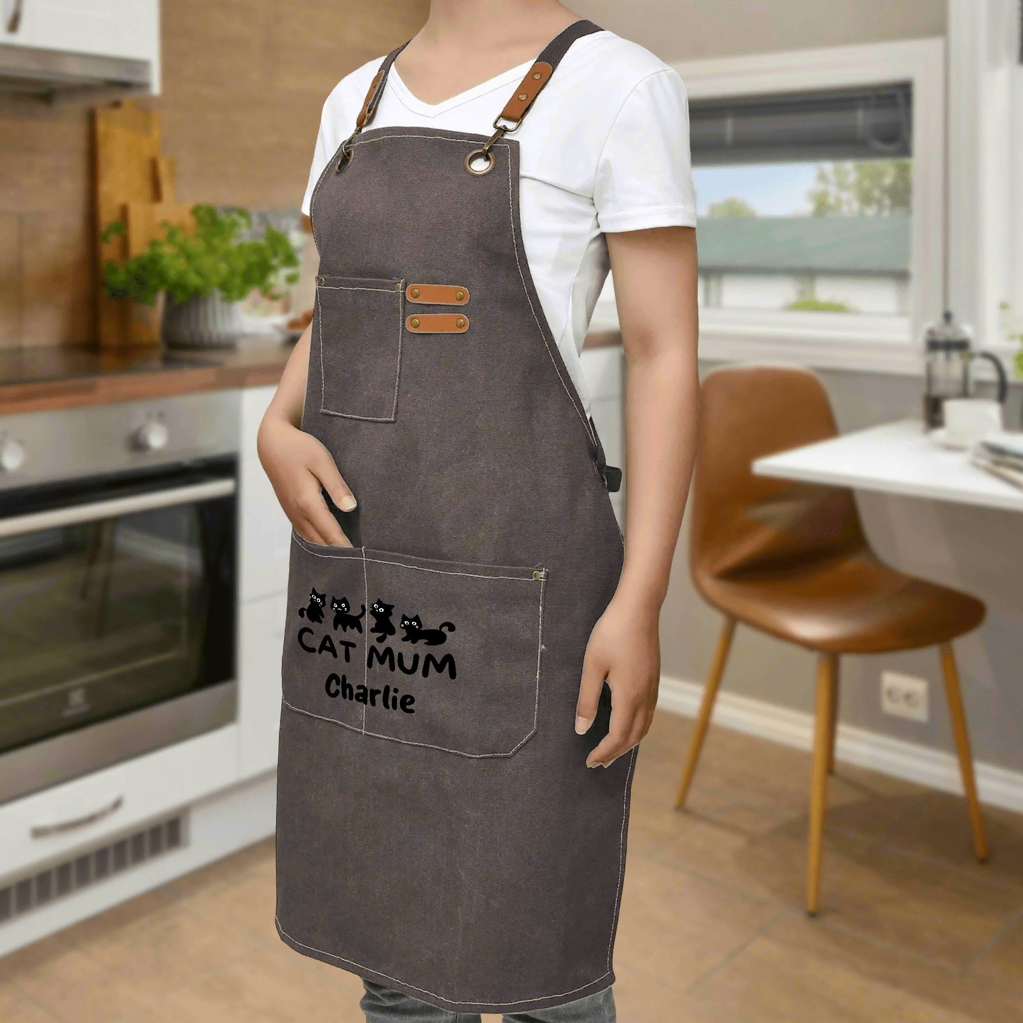 Personalised - Cat Mum - Unisex Canvas Cross Back Chef Apron with Large Pockets Personalised Canvas Apron animal Mum Printed Offshore