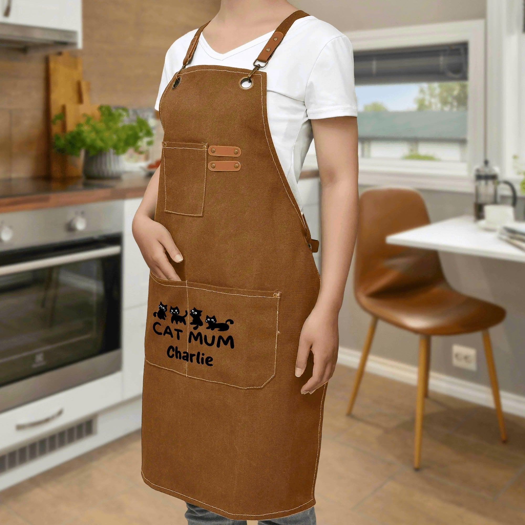 Personalised - Cat Mum - Unisex Canvas Cross Back Chef Apron with Large Pockets Personalised Canvas Apron animal Mum Printed Offshore