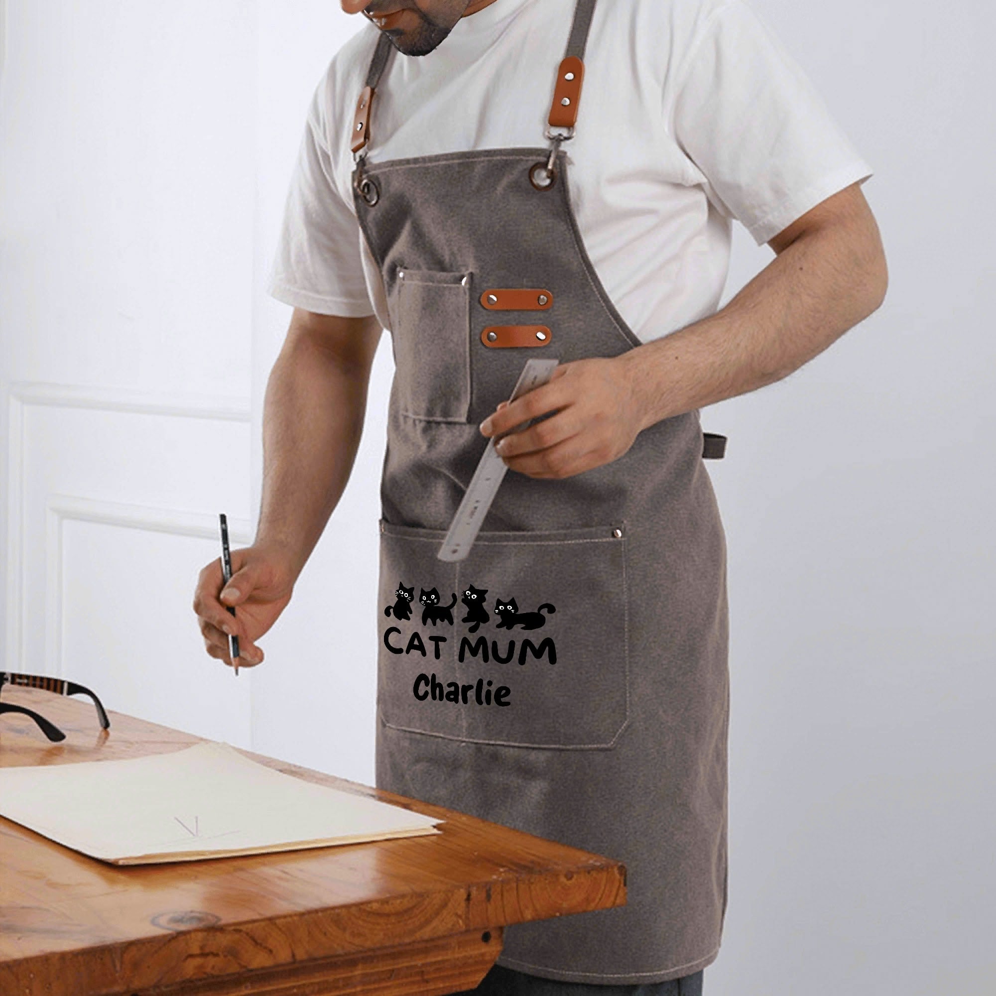 Personalised - Cat Mum - Unisex Canvas Cross Back Chef Apron with Large Pockets Personalised Canvas Apron animal Mum Printed Offshore
