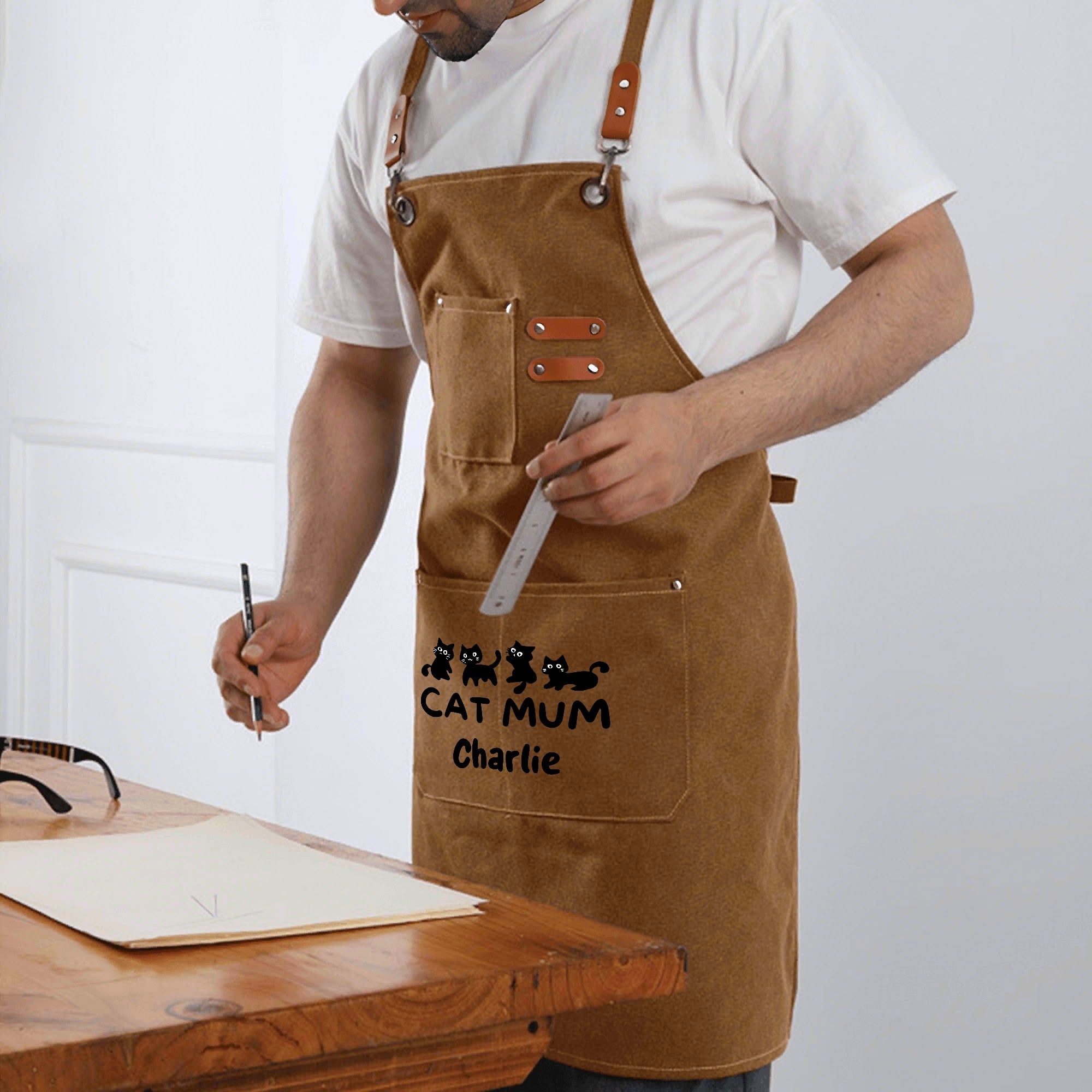 Personalised - Cat Mum - Unisex Canvas Cross Back Chef Apron with Large Pockets Personalised Canvas Apron animal Mum Printed Offshore