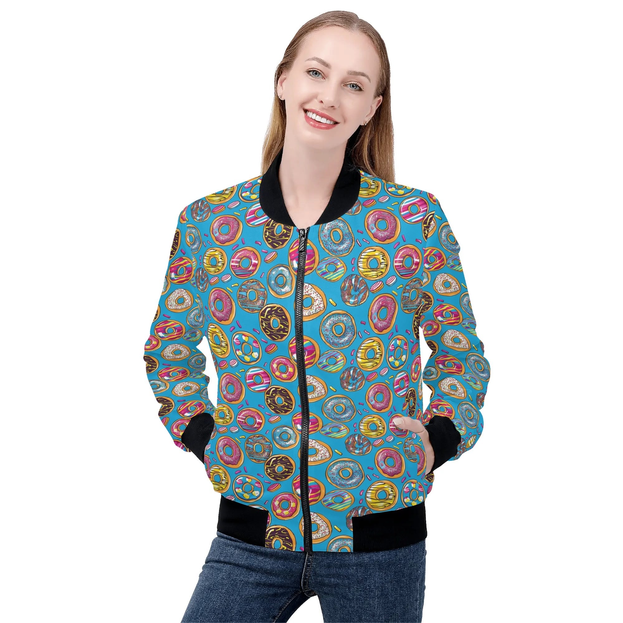 Doughnuts On Blue Womens Zip Up Bomber Jacket Printed Offshore