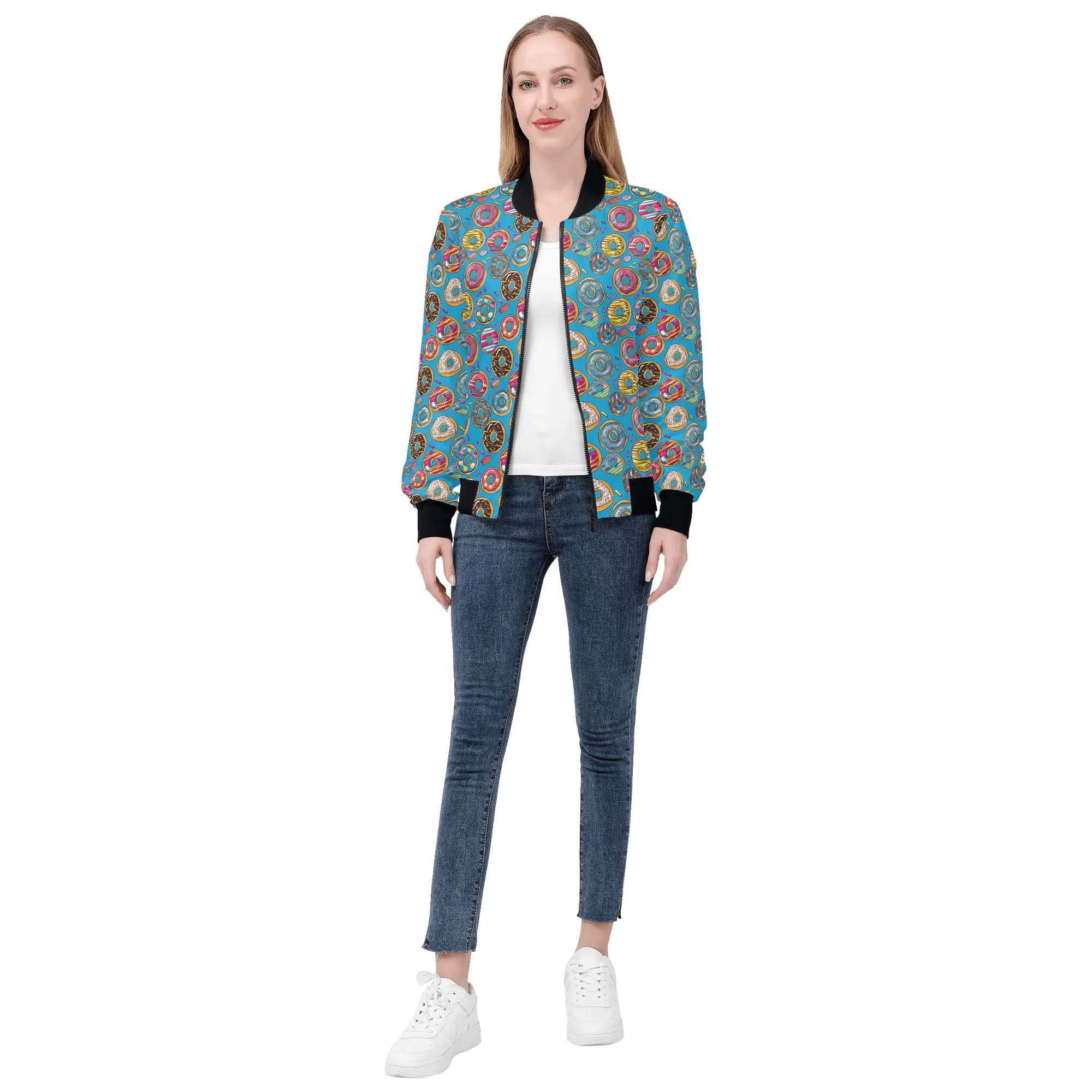 Doughnuts On Blue Womens Zip Up Bomber Jacket Printed Offshore