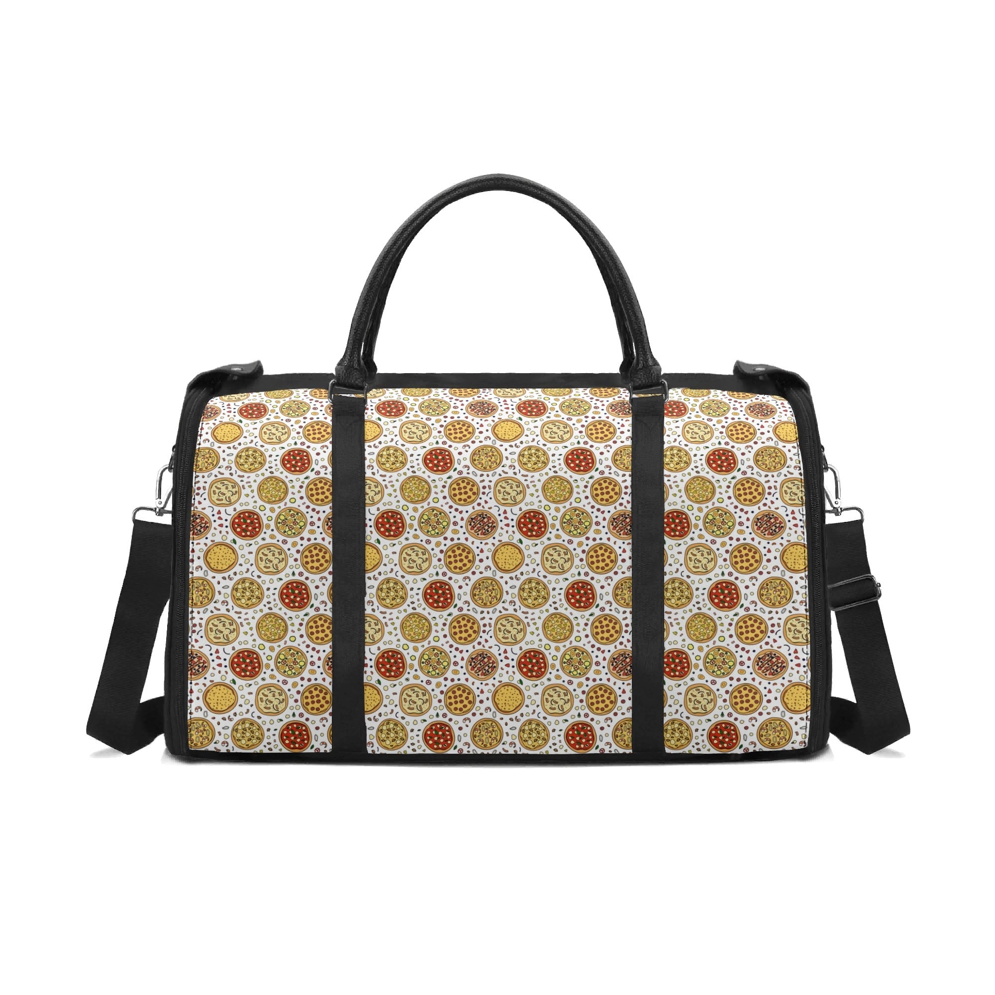 Personalised Round Pizzas On White Foldable Travel Bag Black Personalised Foldable Travel Bag Food Printed Offshore