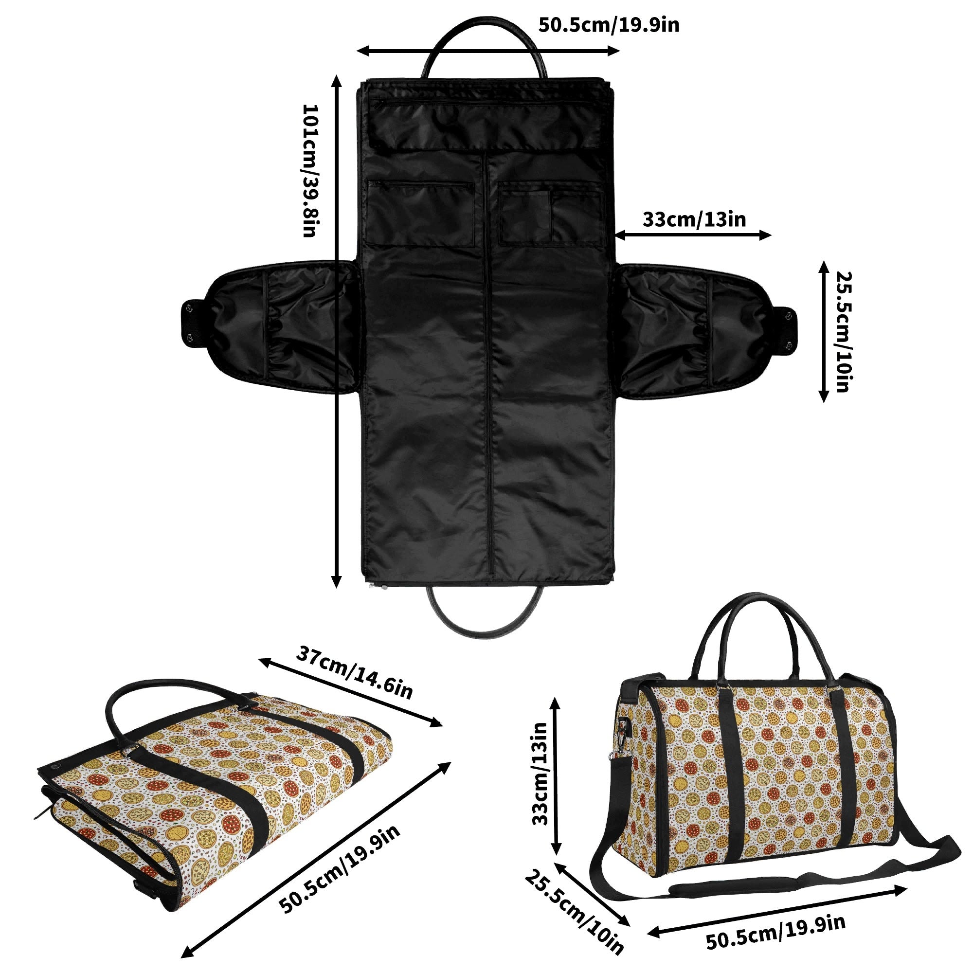 Personalised Round Pizzas On White Foldable Travel Bag Personalised Foldable Travel Bag Food Printed Offshore