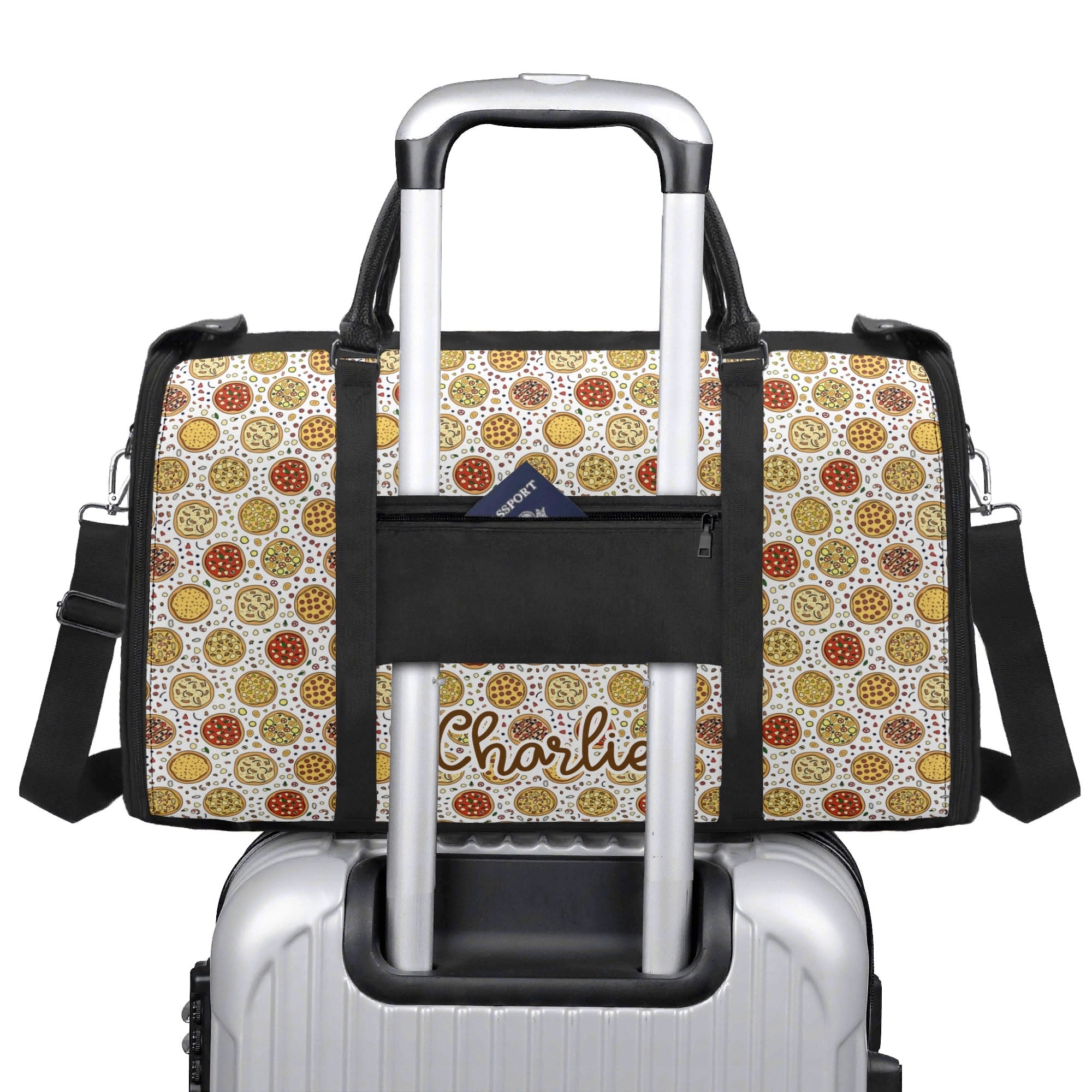 Personalised Round Pizzas On White Foldable Travel Bag Personalised Foldable Travel Bag Food Printed Offshore