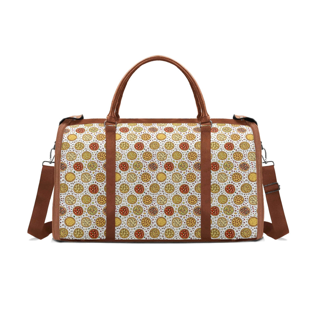 Personalised Round Pizzas On White Foldable Travel Bag Brown Personalised Foldable Travel Bag Food Printed Offshore