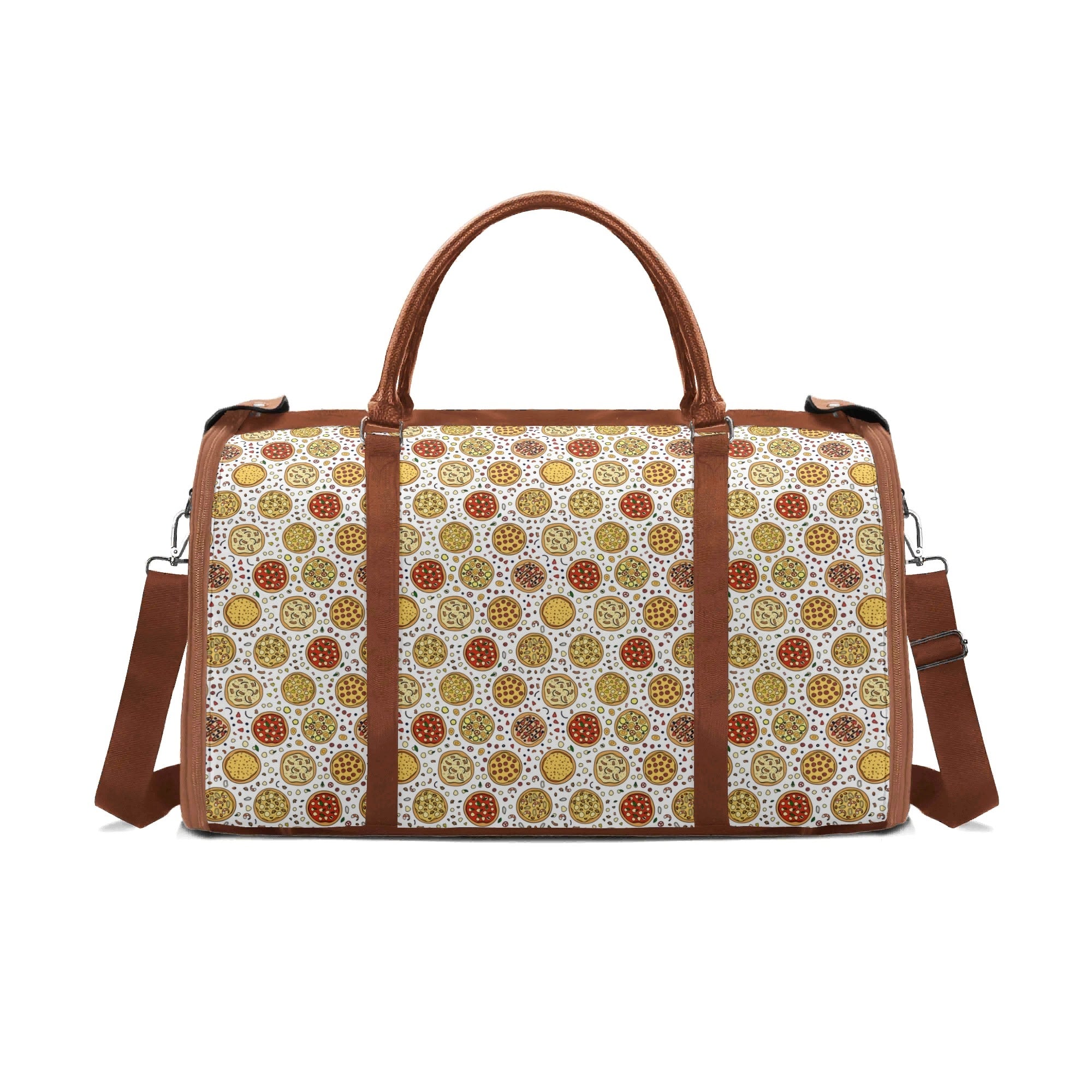 Personalised Round Pizzas On White Foldable Travel Bag Brown Personalised Foldable Travel Bag Food Printed Offshore