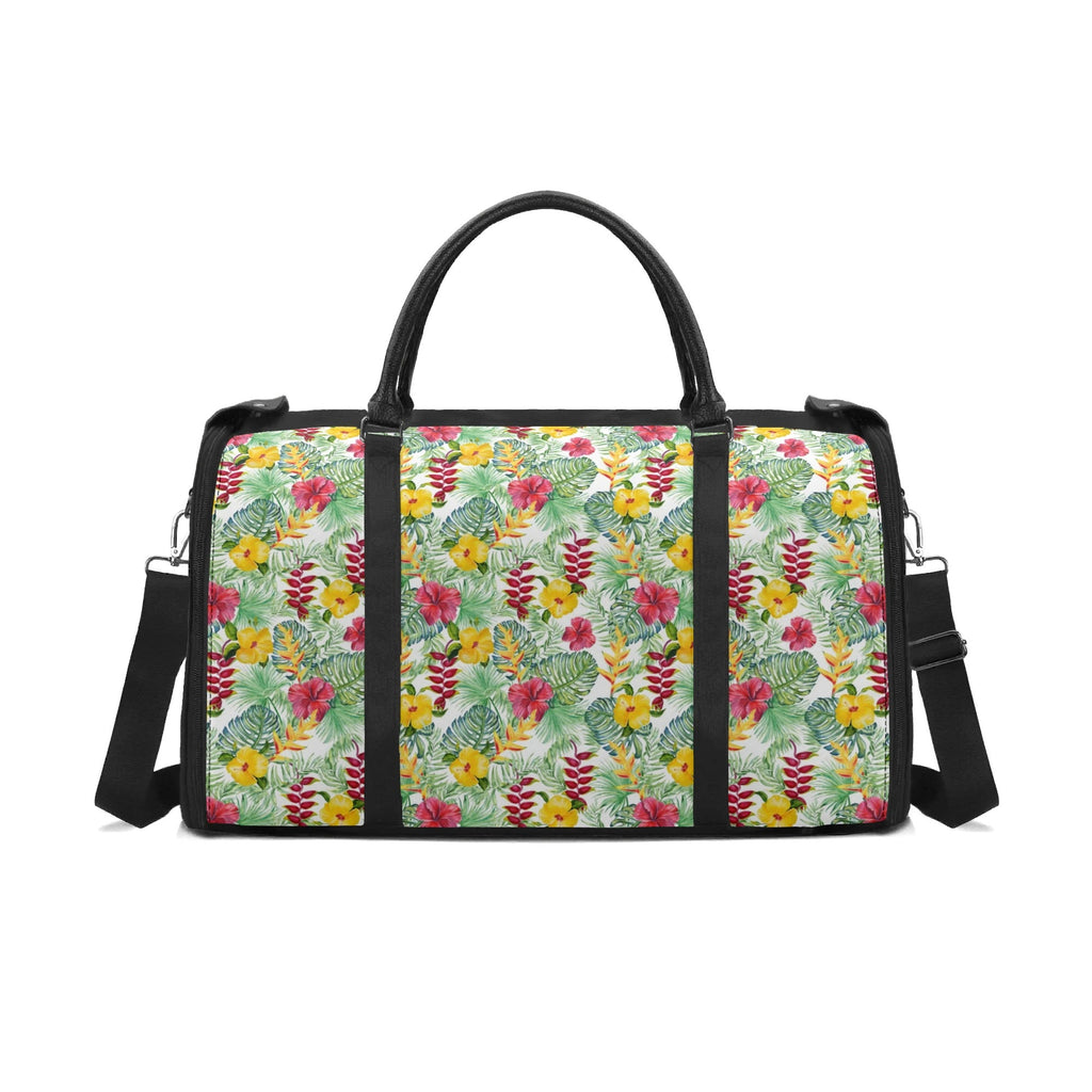 Personalised Tropical Flowers On White Foldable Travel Bag Black Personalised Foldable Travel Bag Plants Printed Offshore