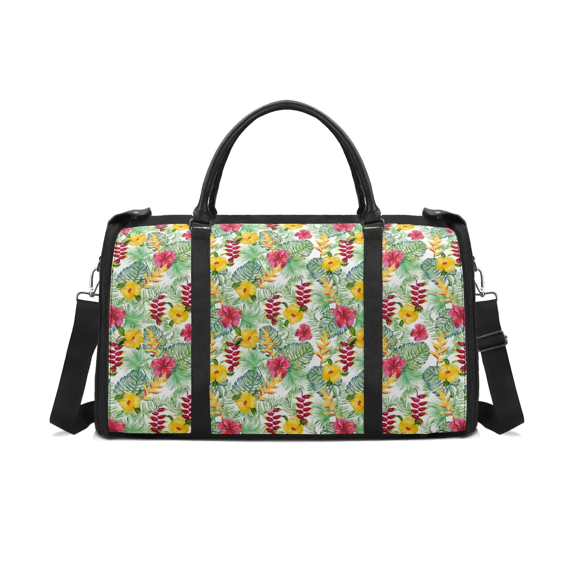 Personalised Tropical Flowers On White Foldable Travel Bag Black Personalised Foldable Travel Bag Plants Printed Offshore