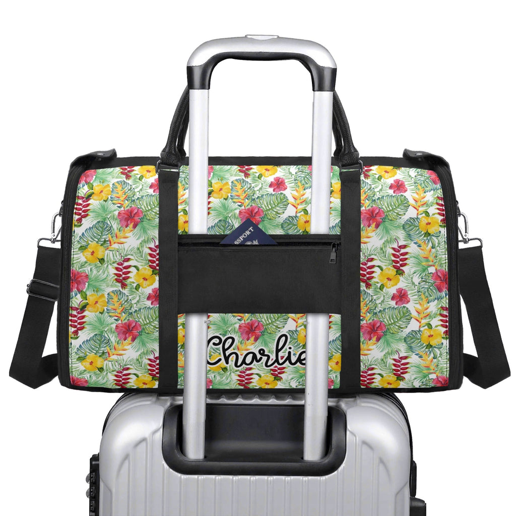 Personalised Tropical Flowers On White Foldable Travel Bag Personalised Foldable Travel Bag Plants Printed Offshore