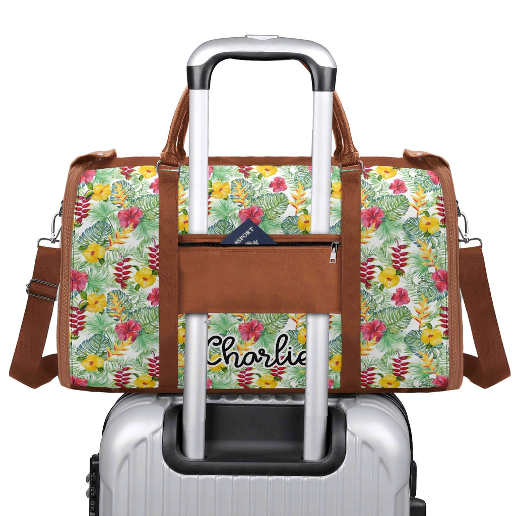 Personalised Tropical Flowers On White Foldable Travel Bag Personalised Foldable Travel Bag Plants Printed Offshore