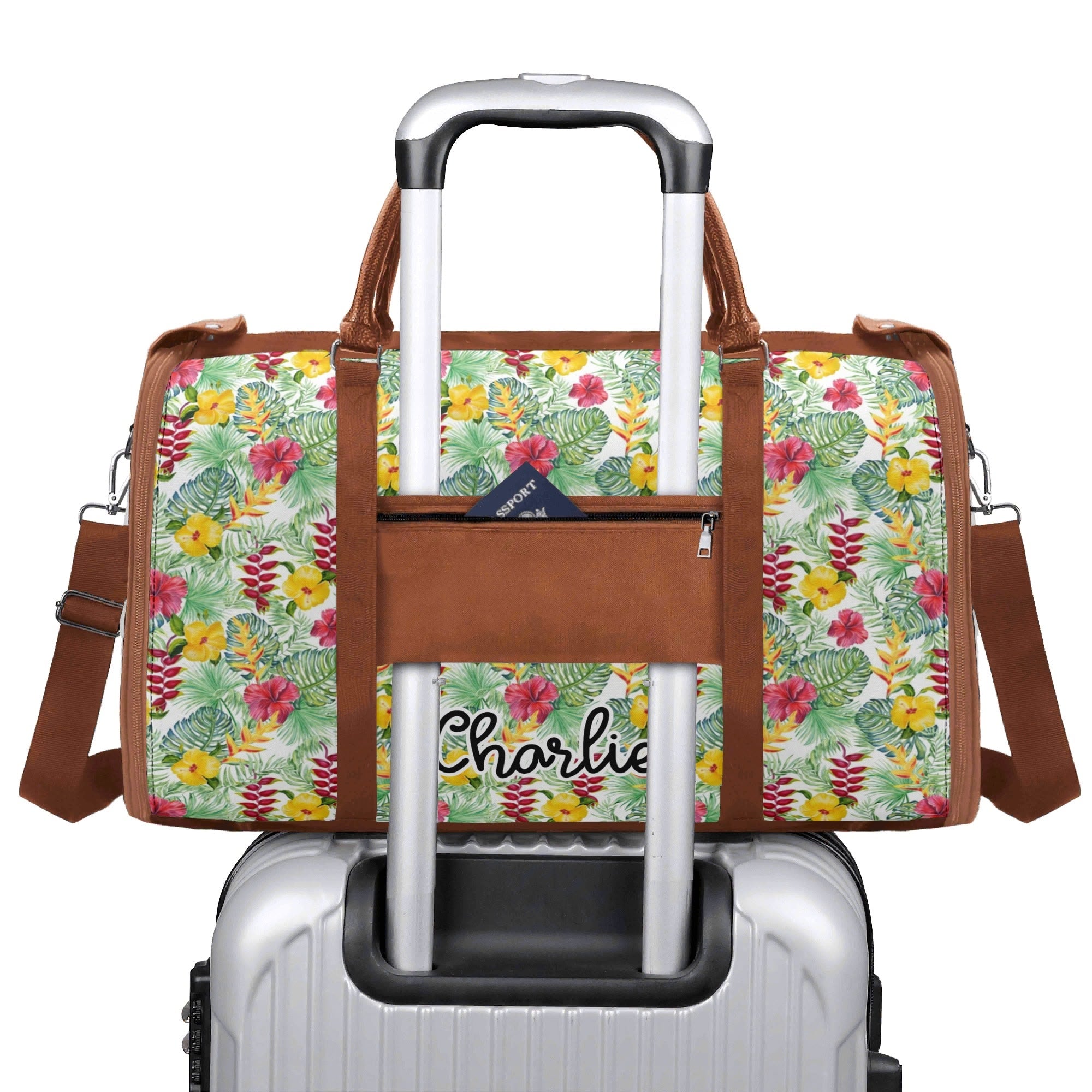Personalised Tropical Flowers On White Foldable Travel Bag Personalised Foldable Travel Bag Plants Printed Offshore