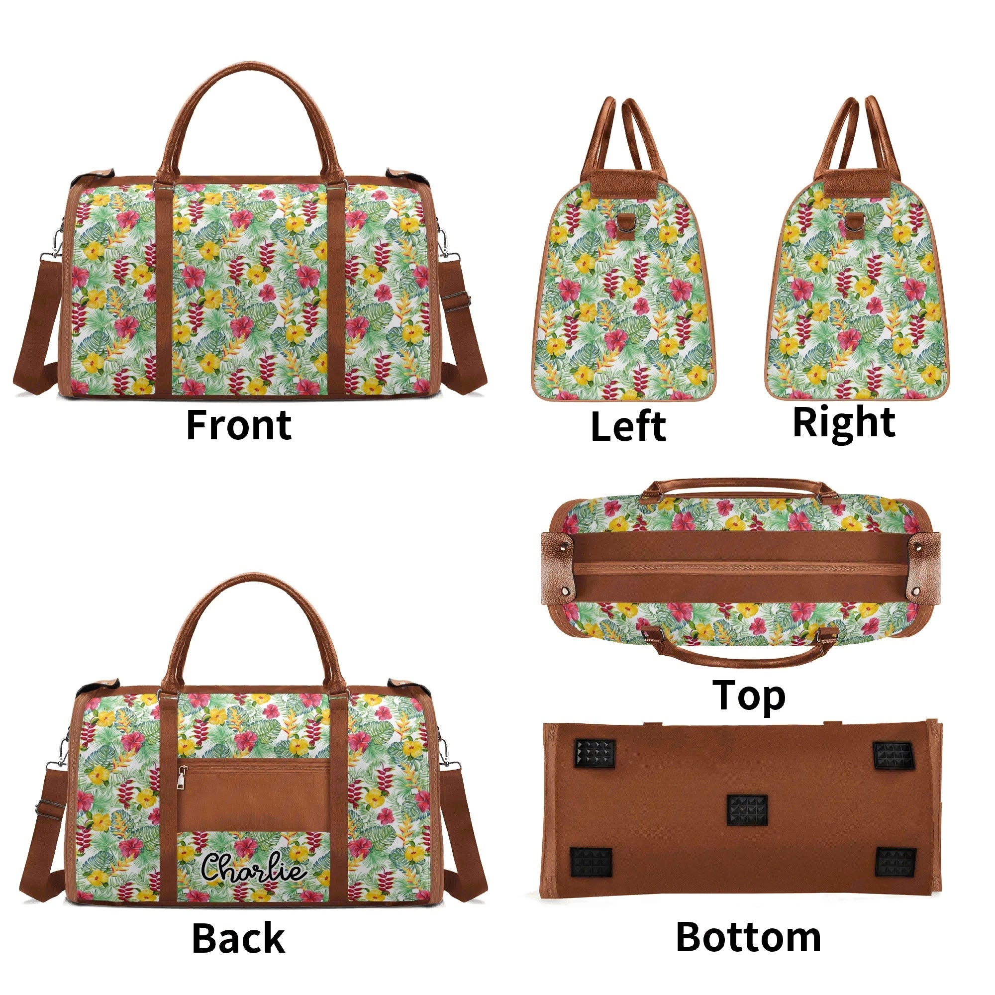 Personalised Tropical Flowers On White Foldable Travel Bag Personalised Foldable Travel Bag Plants Printed Offshore