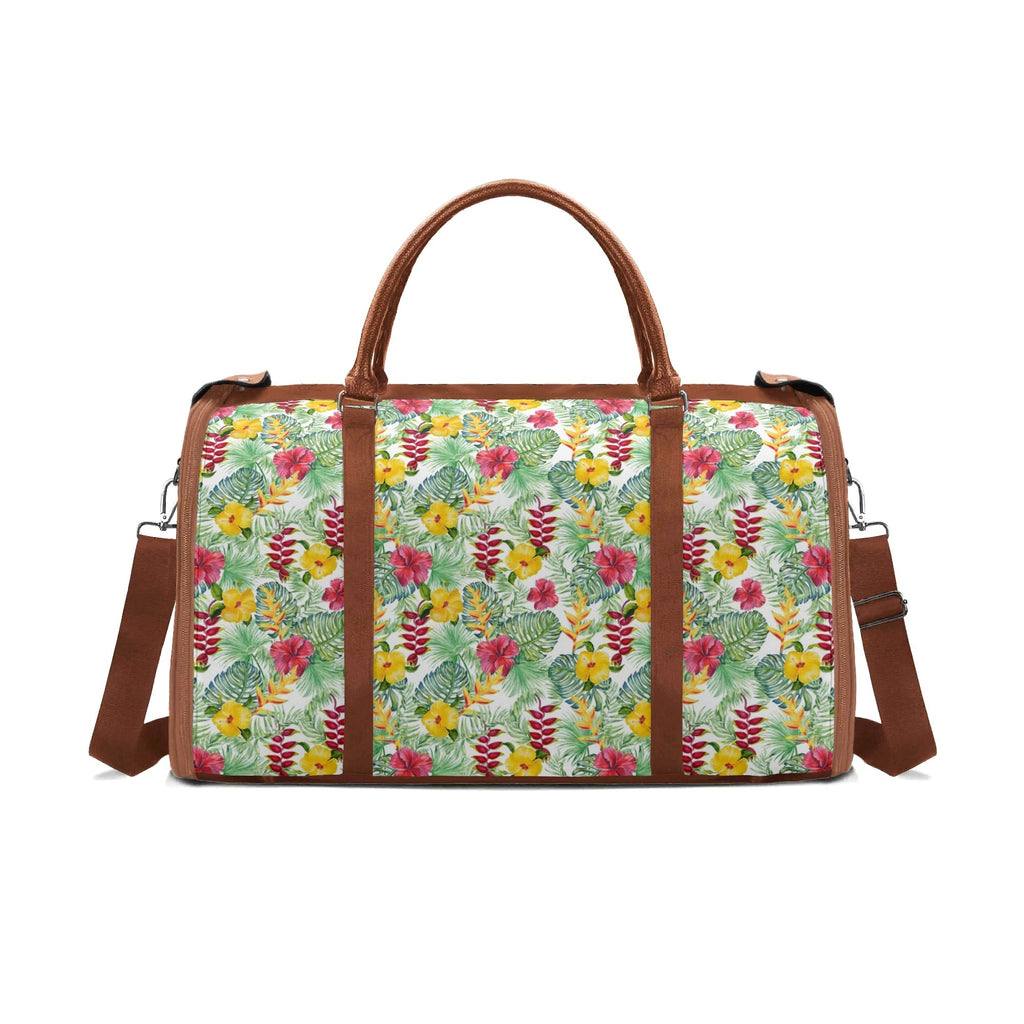 Personalised Tropical Flowers On White Foldable Travel Bag Brown Personalised Foldable Travel Bag Plants Printed Offshore