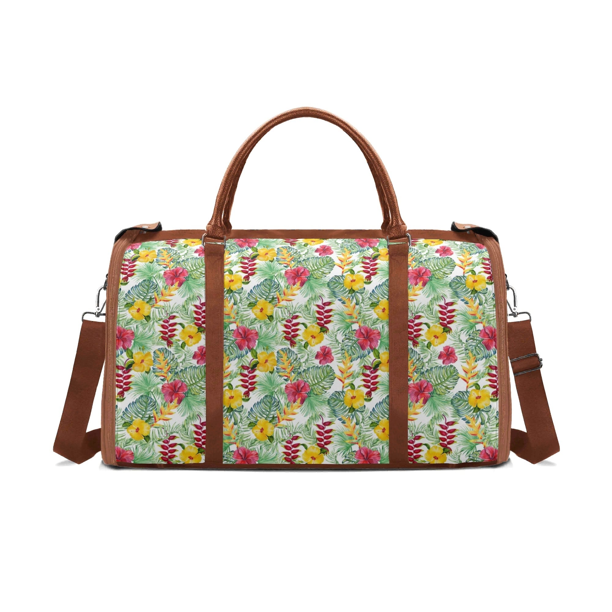 Personalised Tropical Flowers On White Foldable Travel Bag Brown Personalised Foldable Travel Bag Plants Printed Offshore