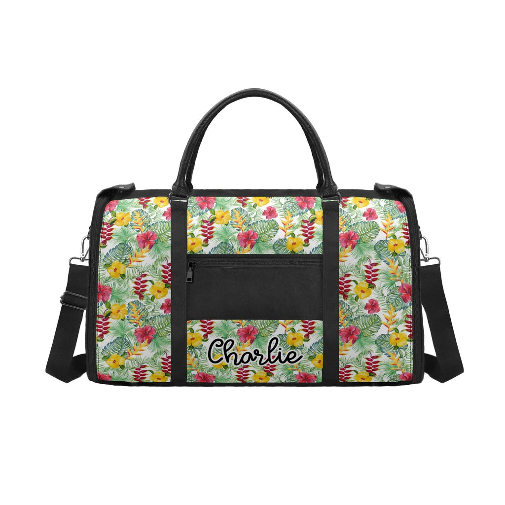 Personalised Tropical Flowers On White Foldable Travel Bag Personalised Foldable Travel Bag Plants Printed Offshore