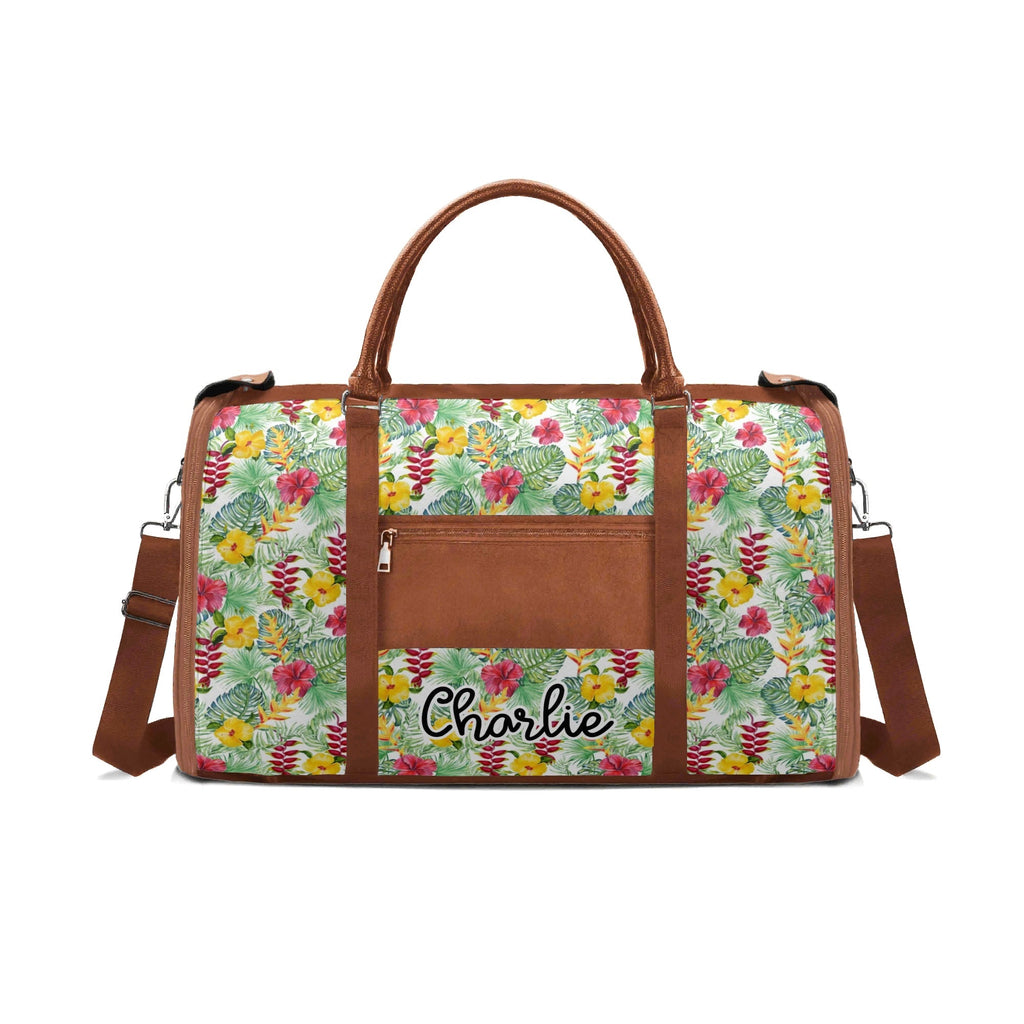 Personalised Tropical Flowers On White Foldable Travel Bag Personalised Foldable Travel Bag Plants Printed Offshore