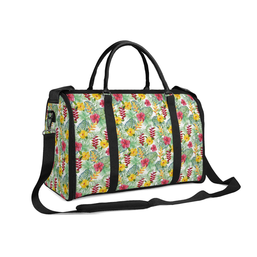 Personalised Tropical Flowers On White Foldable Travel Bag Personalised Foldable Travel Bag Plants Printed Offshore