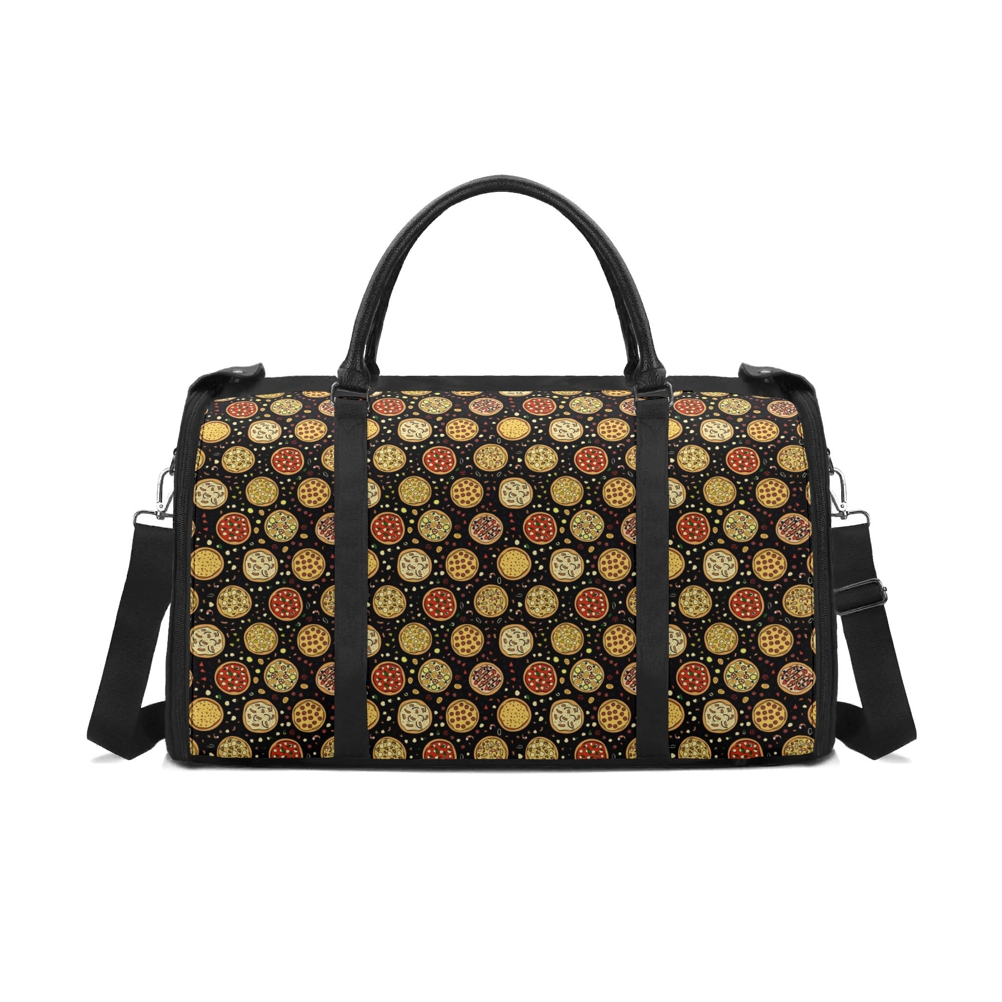 Personalised Round Pizzas on Black Foldable Travel Bag Black Personalised Foldable Travel Bag Food Printed Offshore
