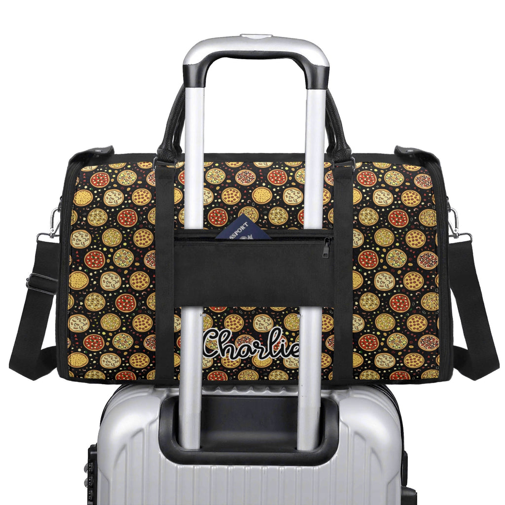 Personalised Round Pizzas on Black Foldable Travel Bag Personalised Foldable Travel Bag Food Printed Offshore