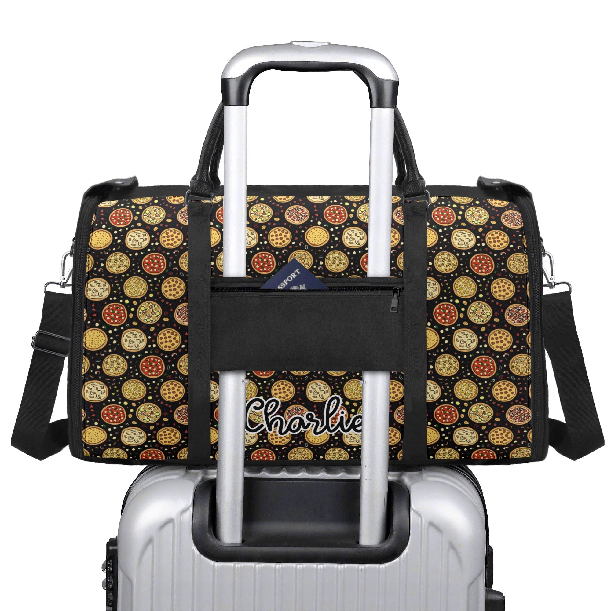 Personalised Round Pizzas on Black Foldable Travel Bag Personalised Foldable Travel Bag Food Printed Offshore