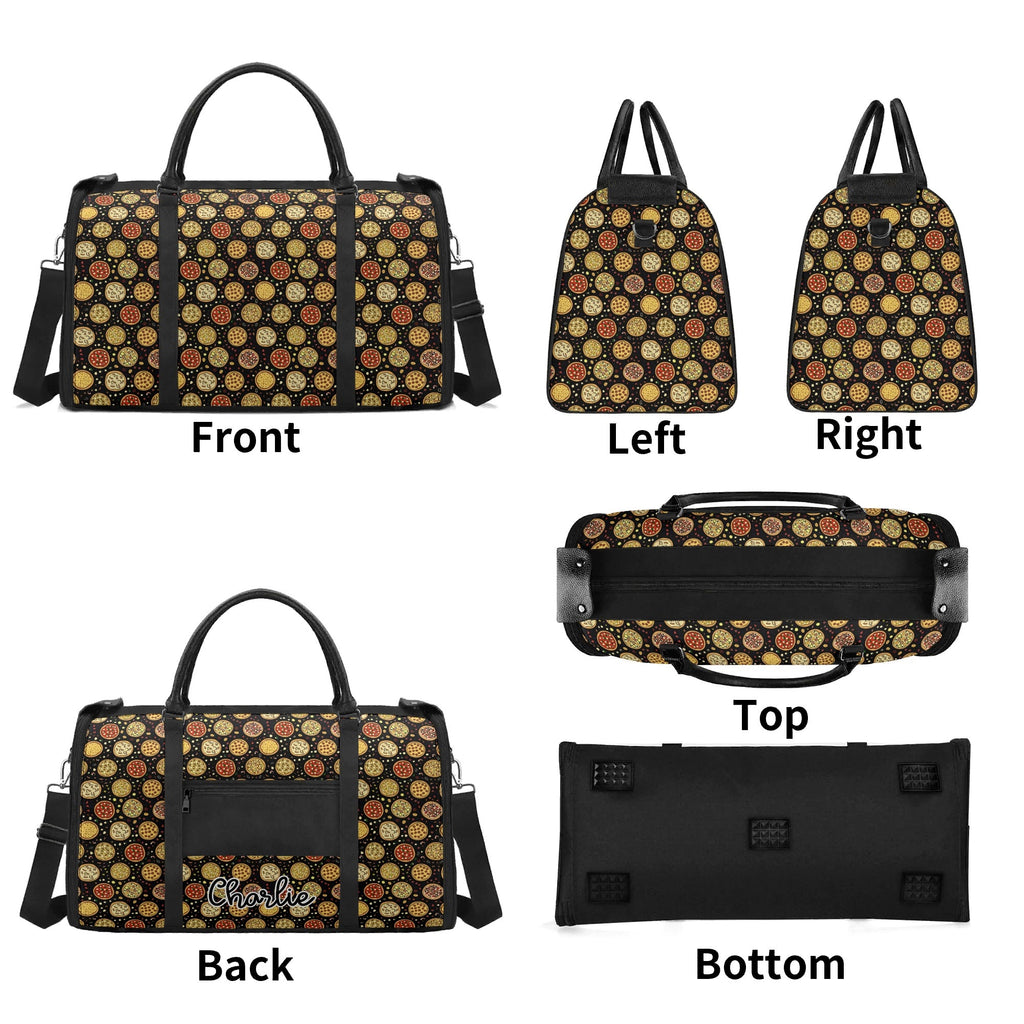 Personalised Round Pizzas on Black Foldable Travel Bag Personalised Foldable Travel Bag Food Printed Offshore