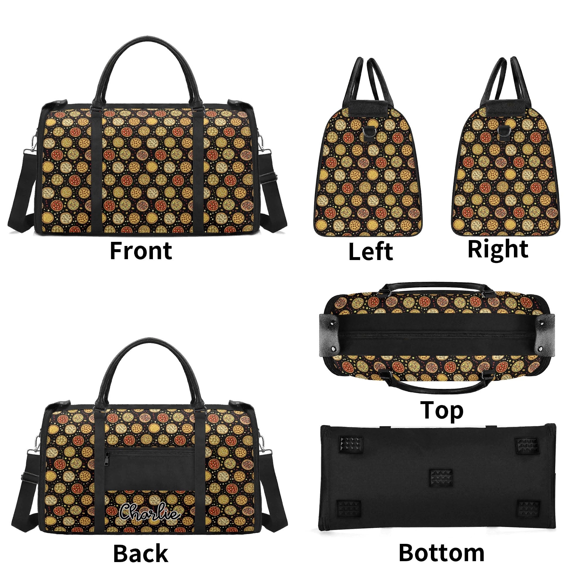 Personalised Round Pizzas on Black Foldable Travel Bag Personalised Foldable Travel Bag Food Printed Offshore