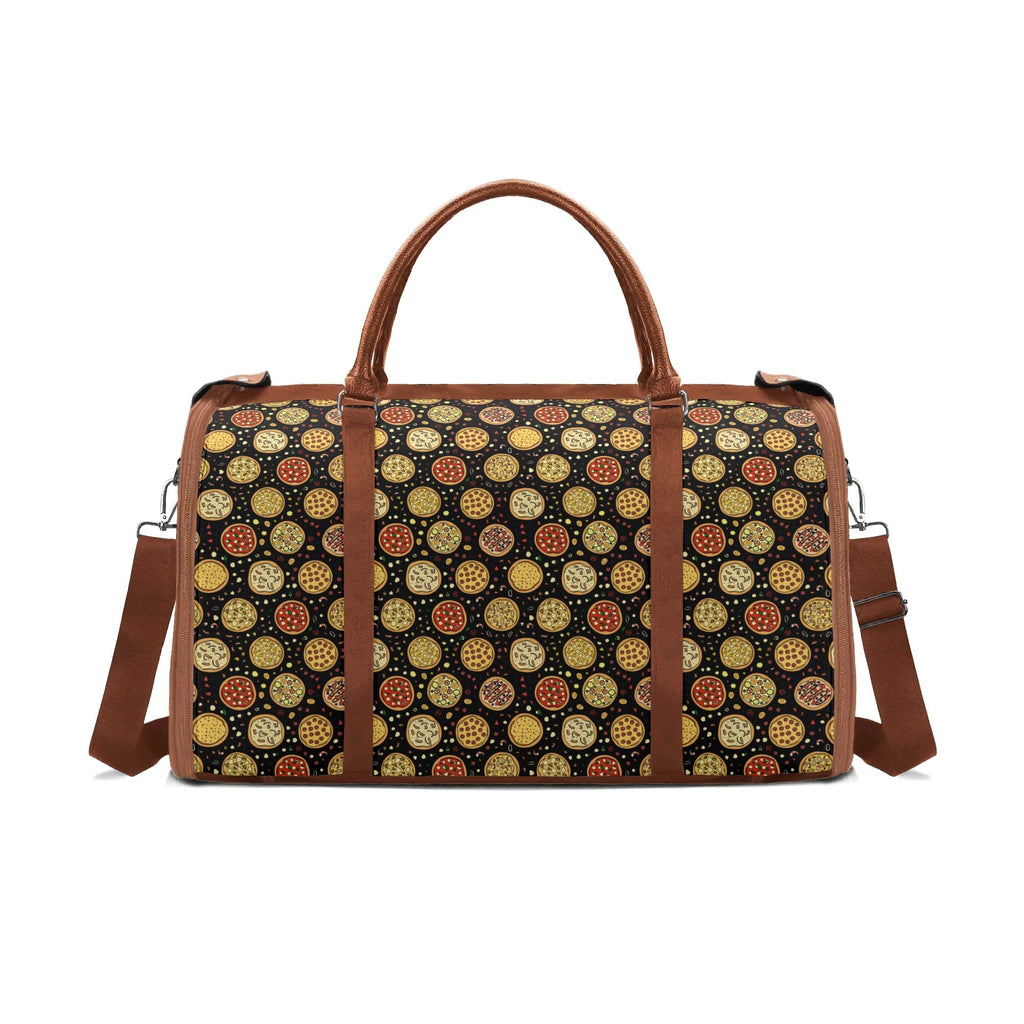 Personalised Round Pizzas on Black Foldable Travel Bag Brown Personalised Foldable Travel Bag Food Printed Offshore