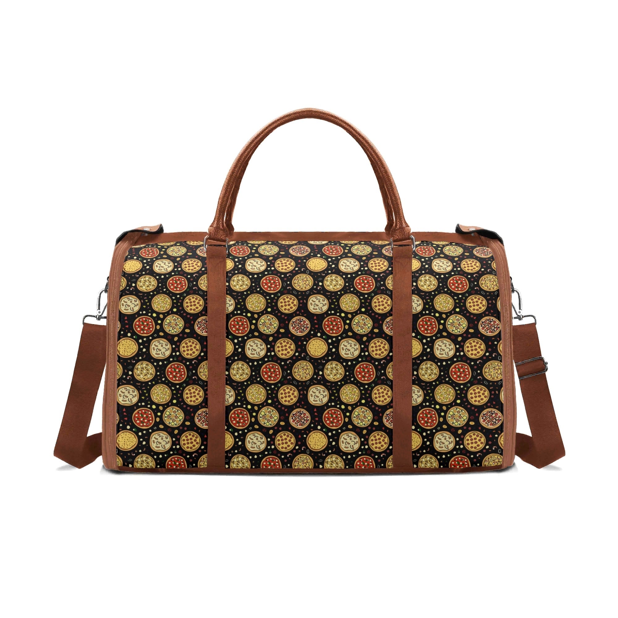 Personalised Round Pizzas on Black Foldable Travel Bag Brown Personalised Foldable Travel Bag Food Printed Offshore
