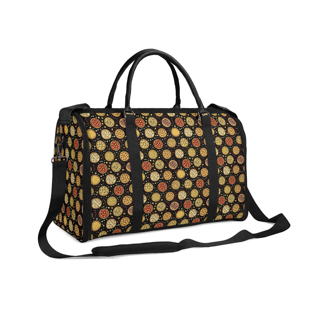 Personalised Round Pizzas on Black Foldable Travel Bag Personalised Foldable Travel Bag Food Printed Offshore