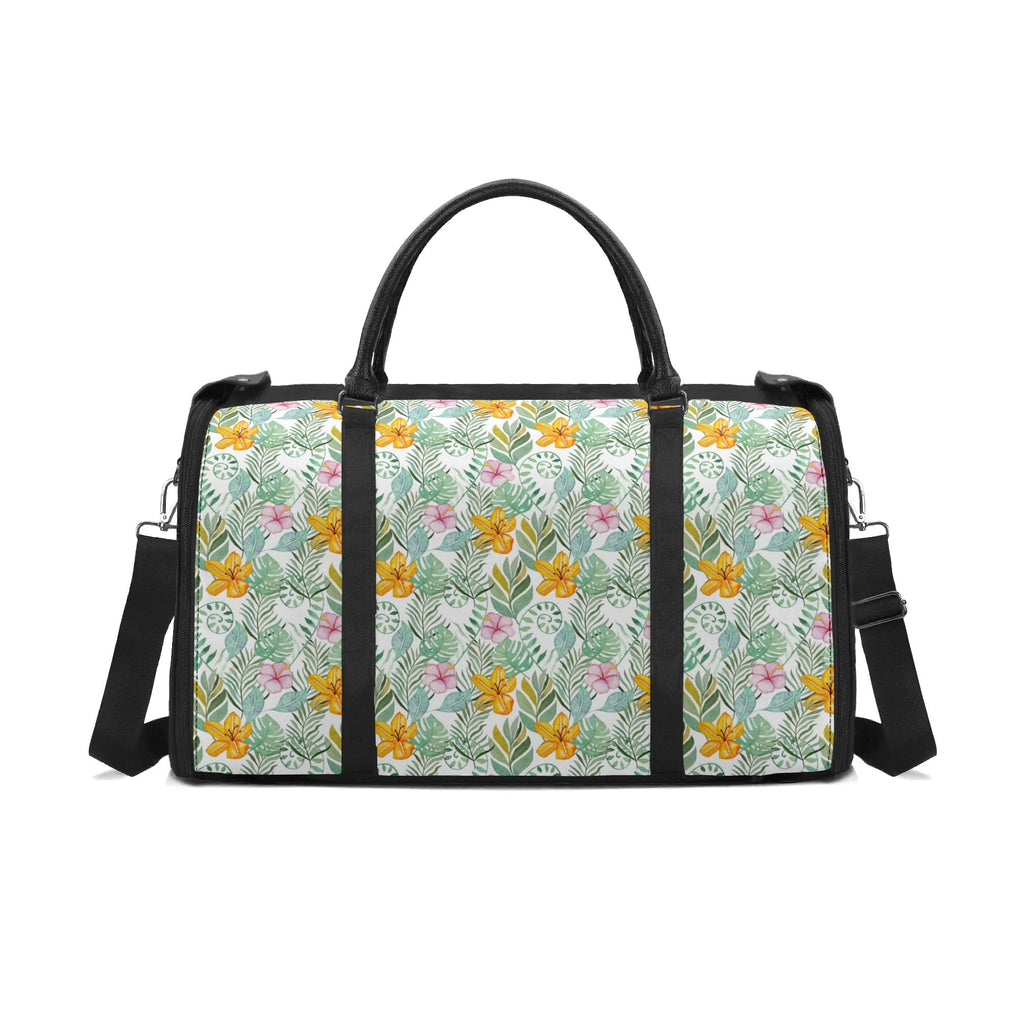 Personalised Tropical Flowers And Leaves Foldable Travel Bag Black Personalised Foldable Travel Bag Plants Printed Offshore