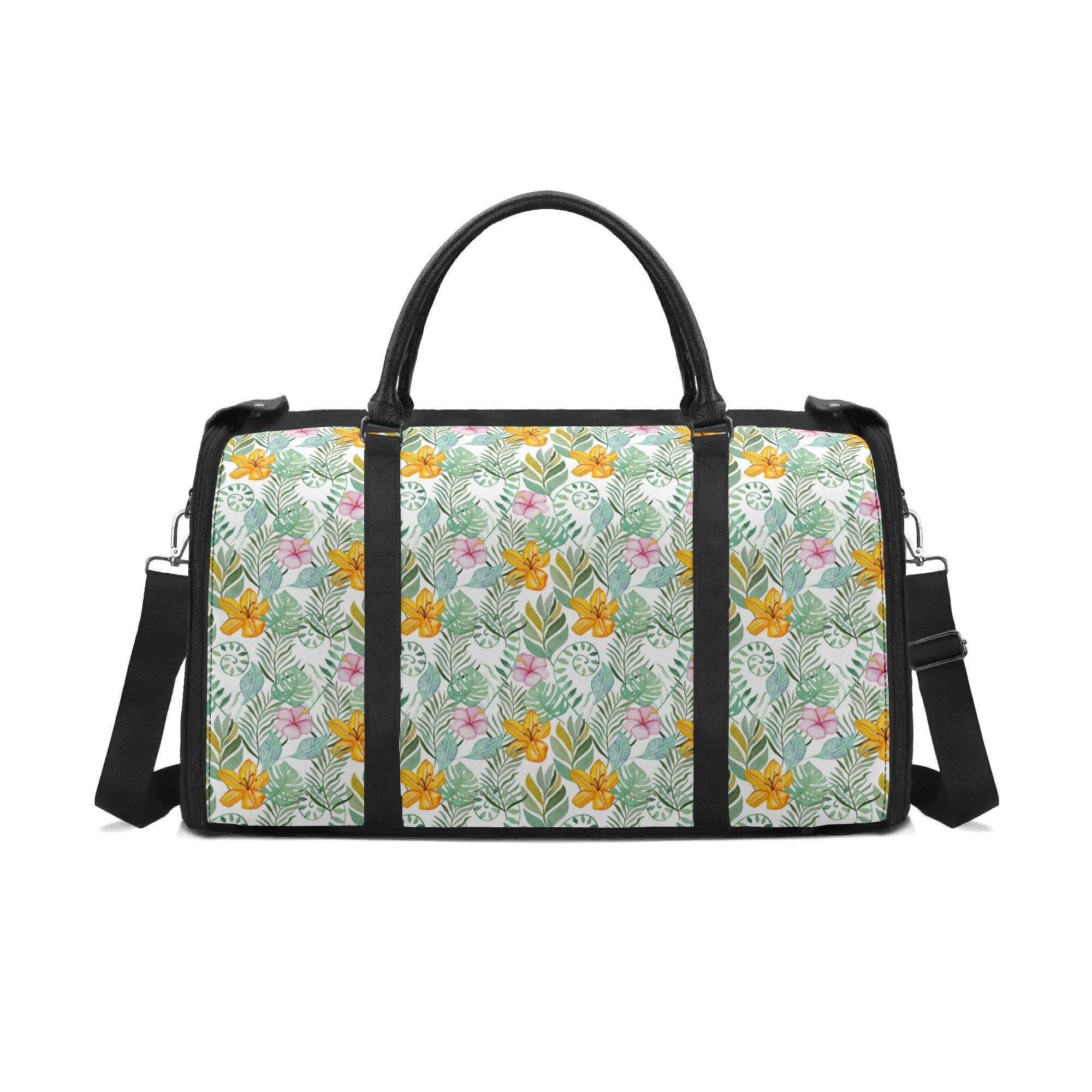 Personalised Tropical Flowers And Leaves Foldable Travel Bag Black Personalised Foldable Travel Bag Plants Printed Offshore