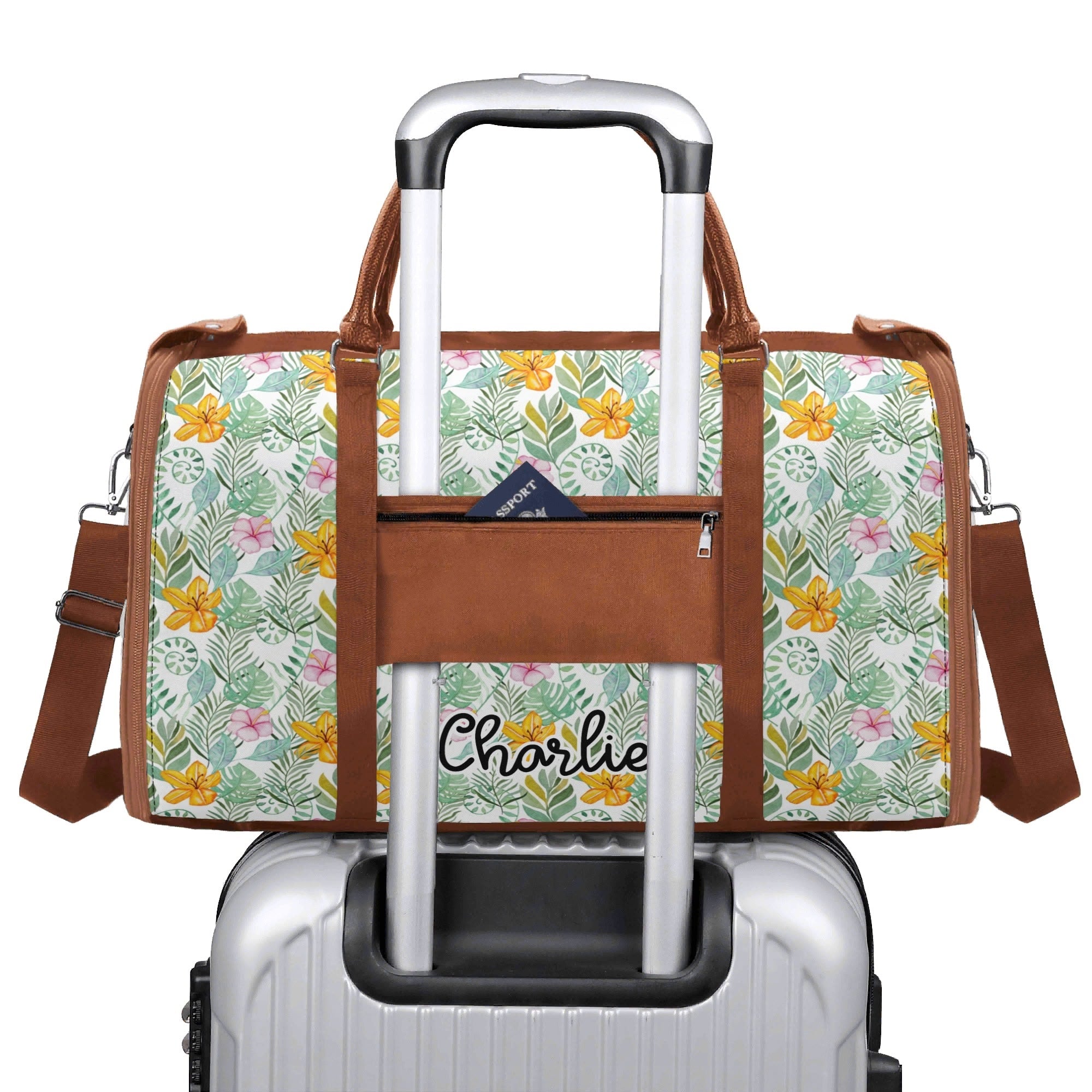 Personalised Tropical Flowers And Leaves Foldable Travel Bag Personalised Foldable Travel Bag Plants Printed Offshore