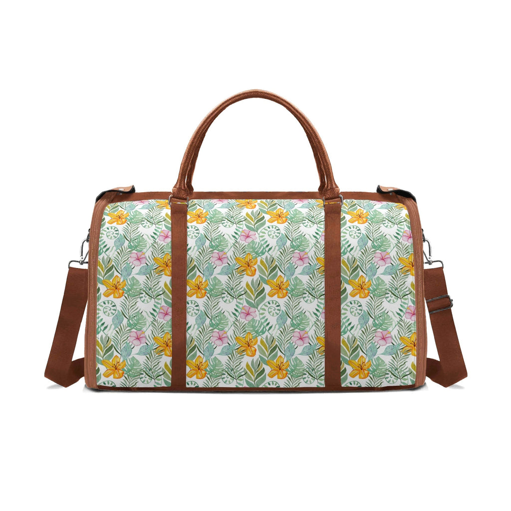 Personalised Tropical Flowers And Leaves Foldable Travel Bag Brown Personalised Foldable Travel Bag Plants Printed Offshore