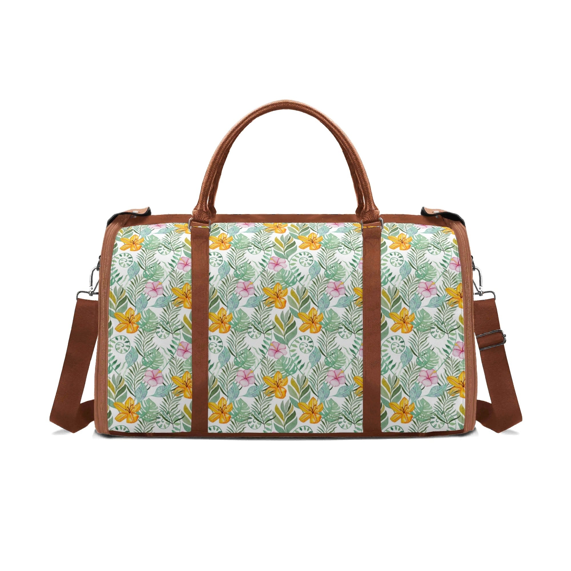 Personalised Tropical Flowers And Leaves Foldable Travel Bag Brown Personalised Foldable Travel Bag Plants Printed Offshore