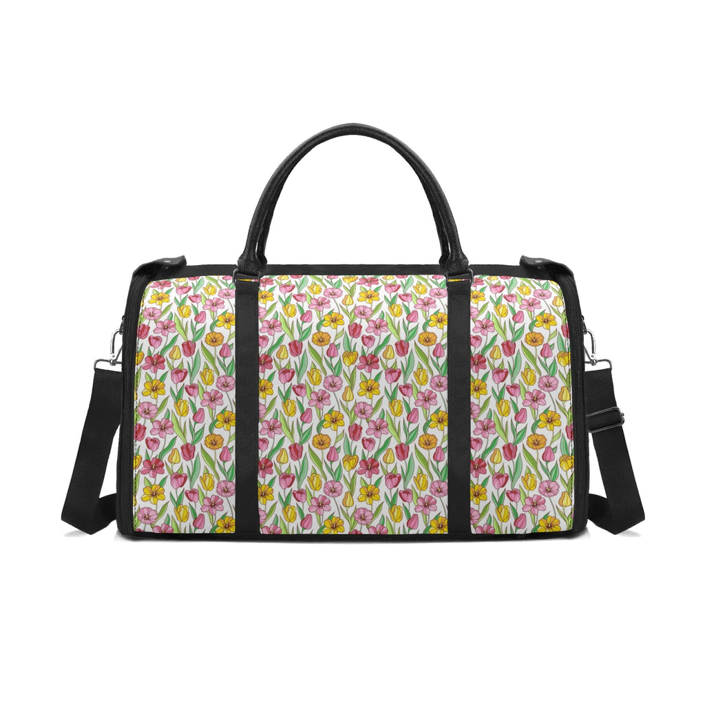 Personalised Pink And Yellow Floral Foldable Travel Bag Black Personalised Foldable Travel Bag Plants Printed Offshore