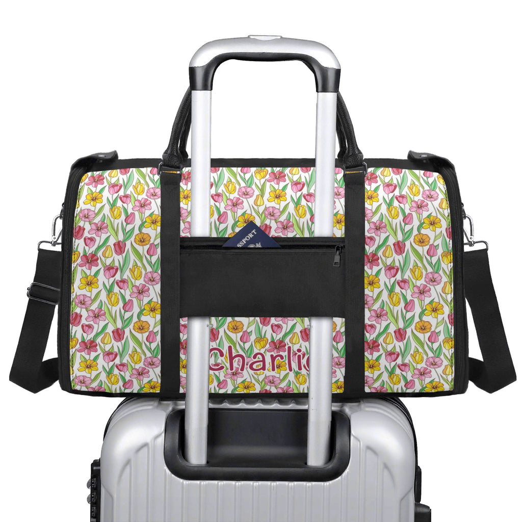 Personalised Pink And Yellow Floral Foldable Travel Bag Personalised Foldable Travel Bag Plants Printed Offshore