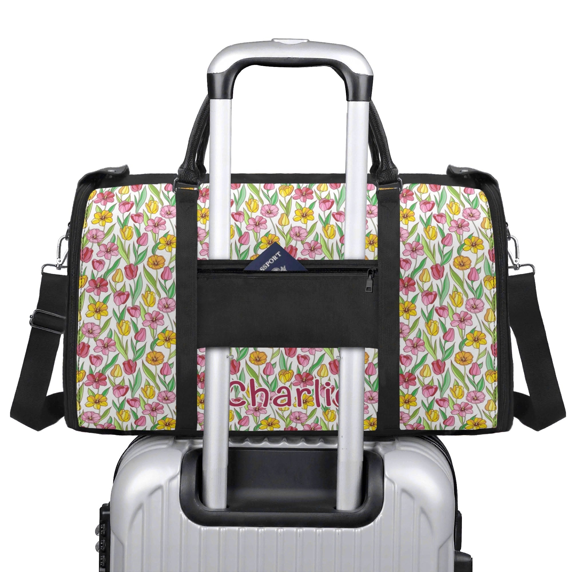 Personalised Pink And Yellow Floral Foldable Travel Bag Personalised Foldable Travel Bag Plants Printed Offshore