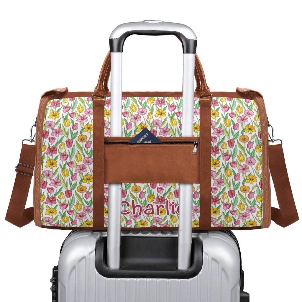 Personalised Pink And Yellow Floral Foldable Travel Bag Personalised Foldable Travel Bag Plants Printed Offshore