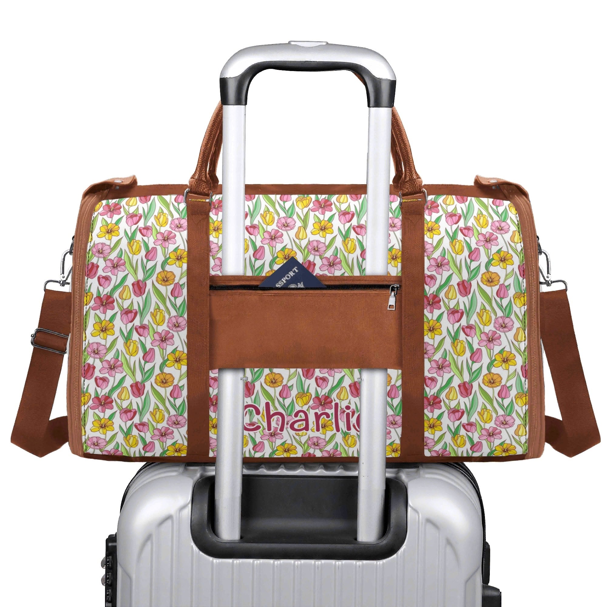 Personalised Pink And Yellow Floral Foldable Travel Bag Personalised Foldable Travel Bag Plants Printed Offshore