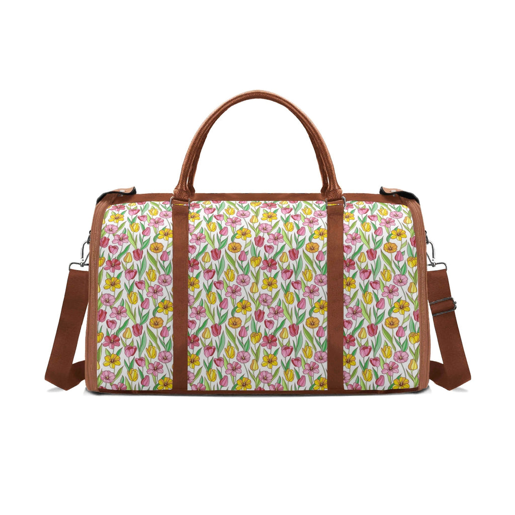 Personalised Pink And Yellow Floral Foldable Travel Bag Brown Personalised Foldable Travel Bag Plants Printed Offshore