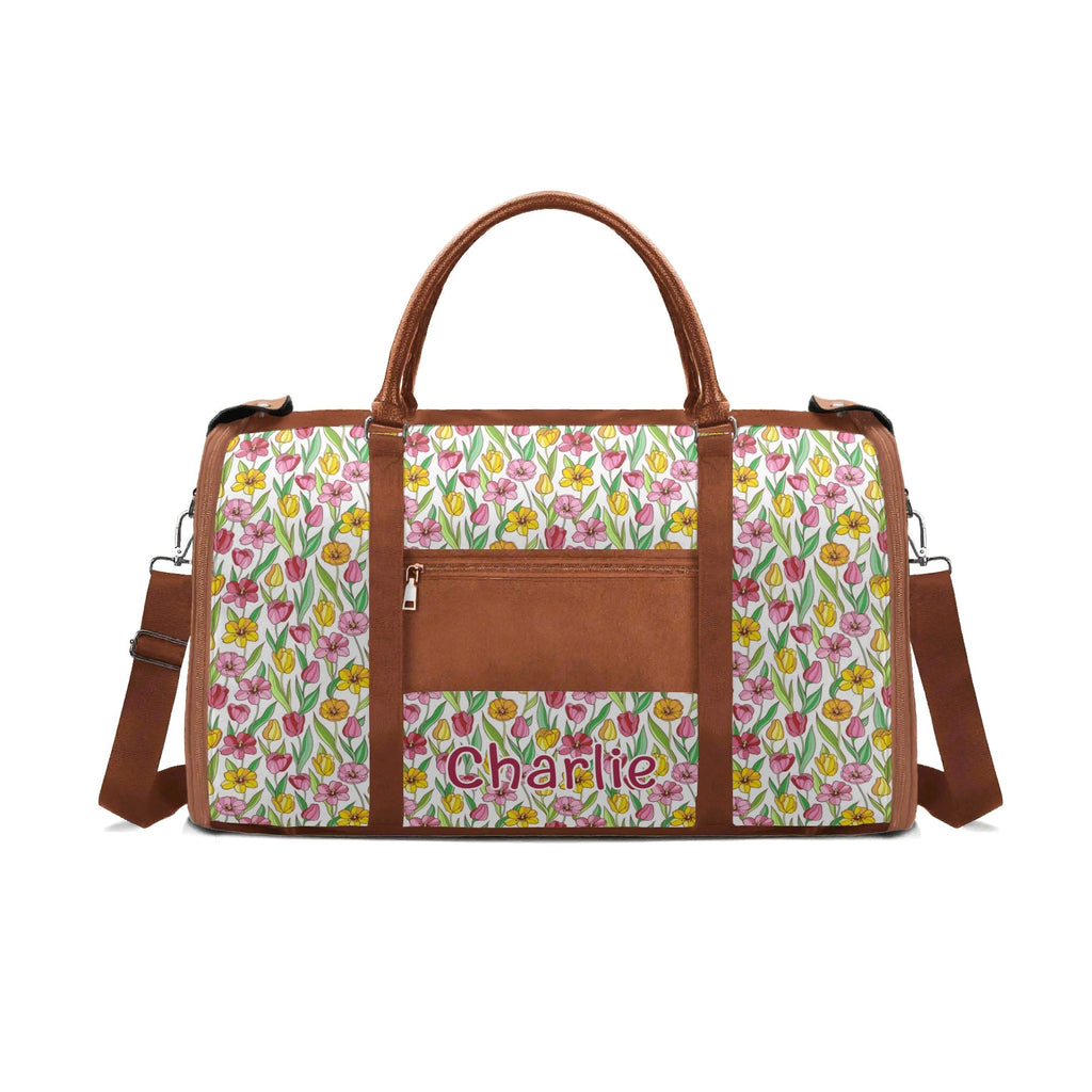 Personalised Pink And Yellow Floral Foldable Travel Bag Personalised Foldable Travel Bag Plants Printed Offshore