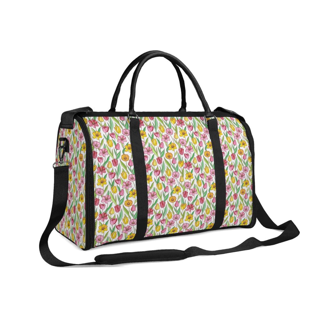 Personalised Pink And Yellow Floral Foldable Travel Bag Personalised Foldable Travel Bag Plants Printed Offshore