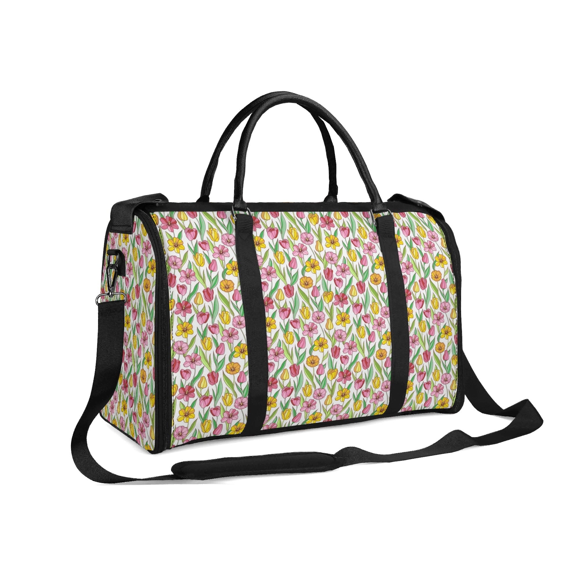 Personalised Pink And Yellow Floral Foldable Travel Bag Personalised Foldable Travel Bag Plants Printed Offshore